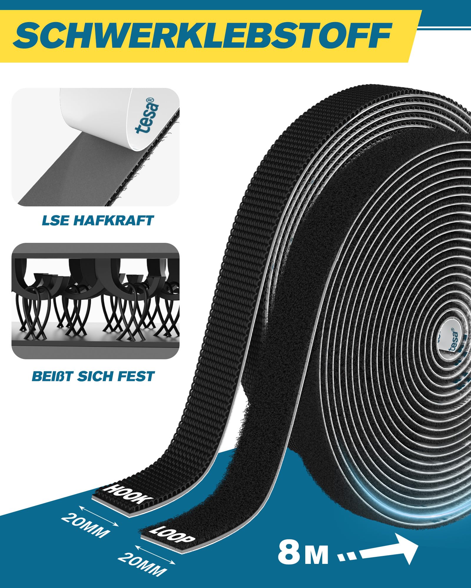 EMITEVER Klettband Selbstklebend Extra Stark-Klettverschluss Selbstklebend,Heavy Duty Doppelseitig Selbstklebendes Klebepad Flauschband und Hakenband Vielseitig einsetzbar Tape (Schwarz, 8M X20mm)