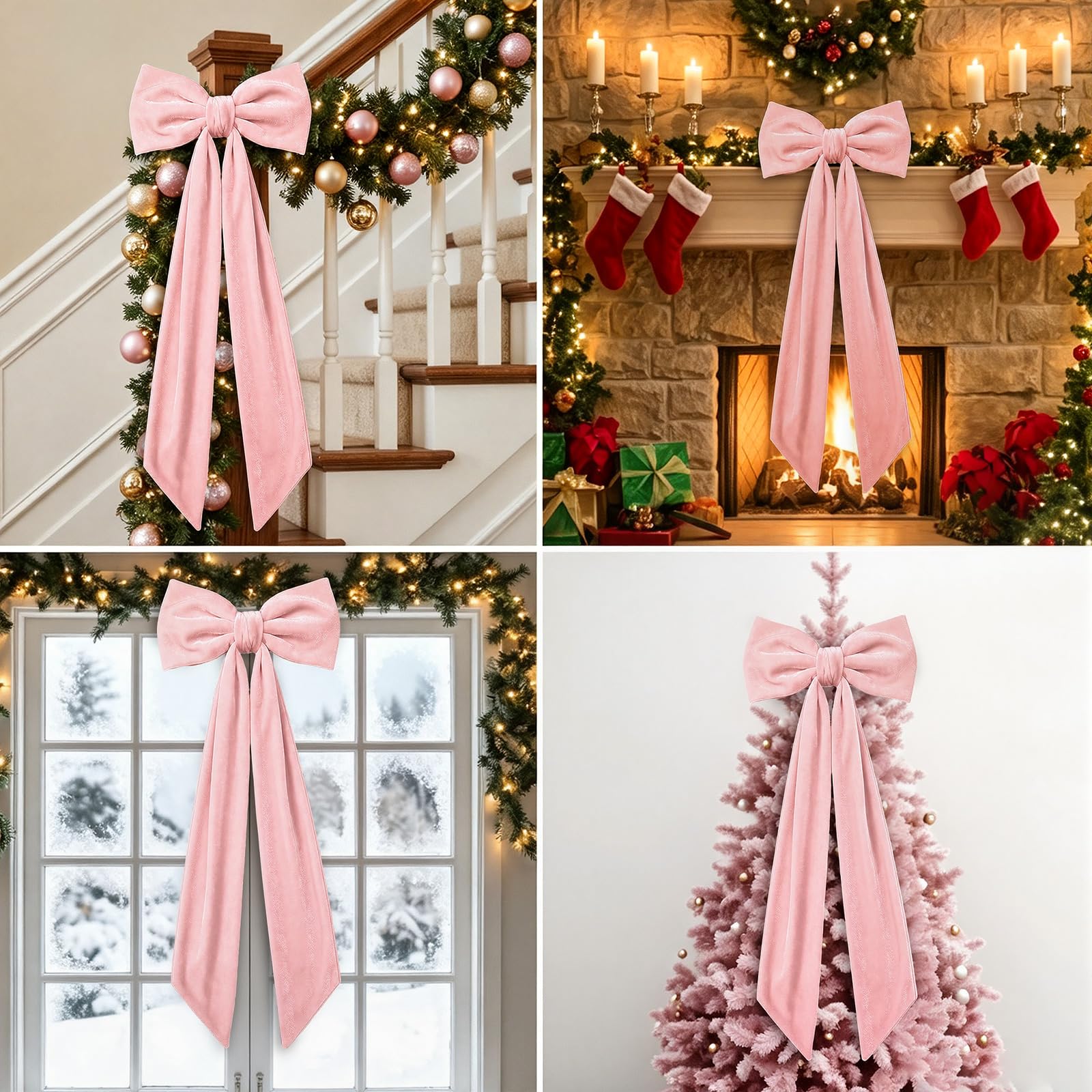 Gejoy Nœuds géants en velours rose extra larges pour cime de sapin de Noël – Décorations géantes pour maison, couronne, mur, toile de fond, mariage, vacances, décoration de fête – 119,4 x 40,6 cm