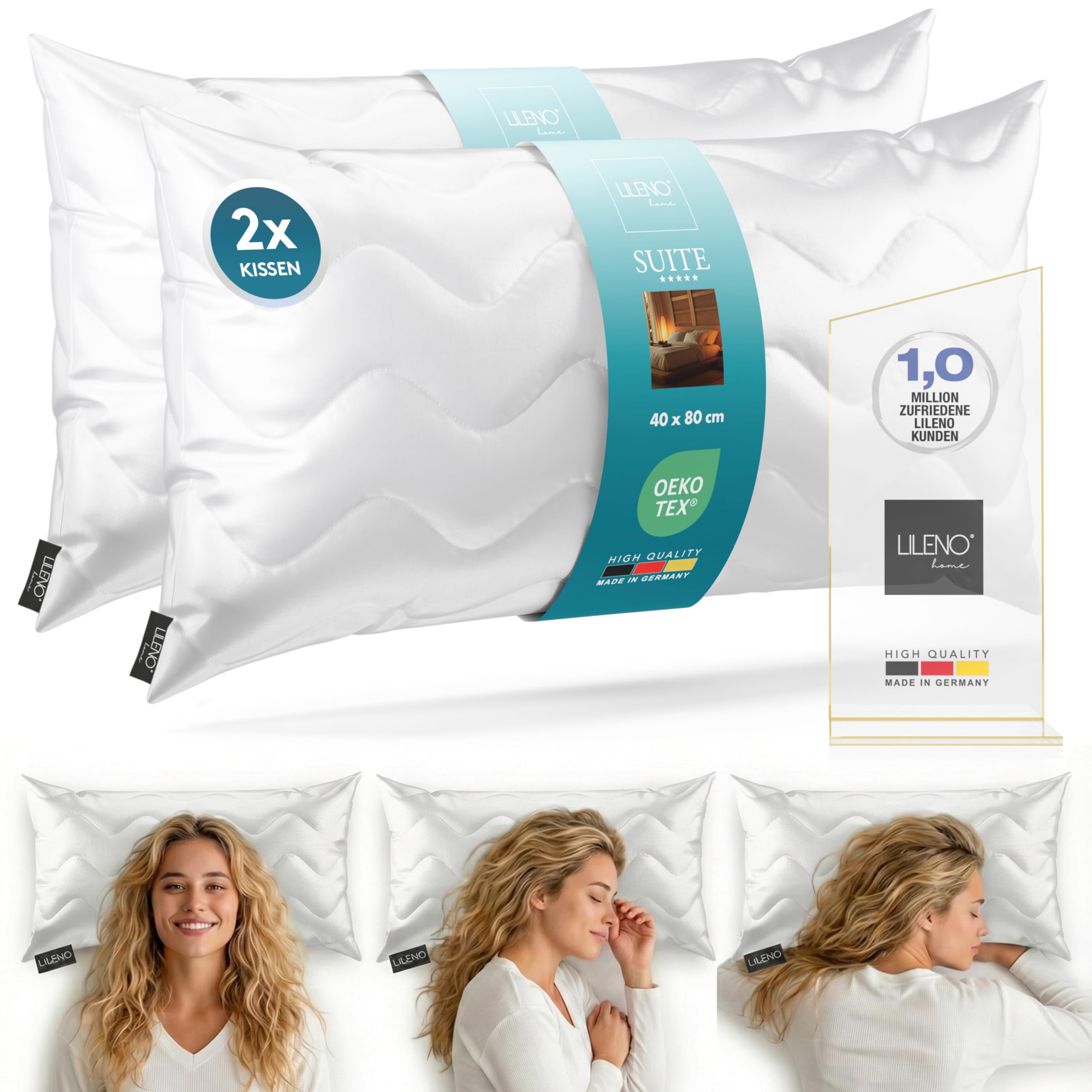 LILENO HOME Kopfkissen 80x80cm - 3-Kammer Hotelqualität Kissen 80x80 cm bis 95°C waschbar - Bettkissen geeignet für Allergiker - Made in Germany Hotel Schlafkissen Polster 80x80 cm