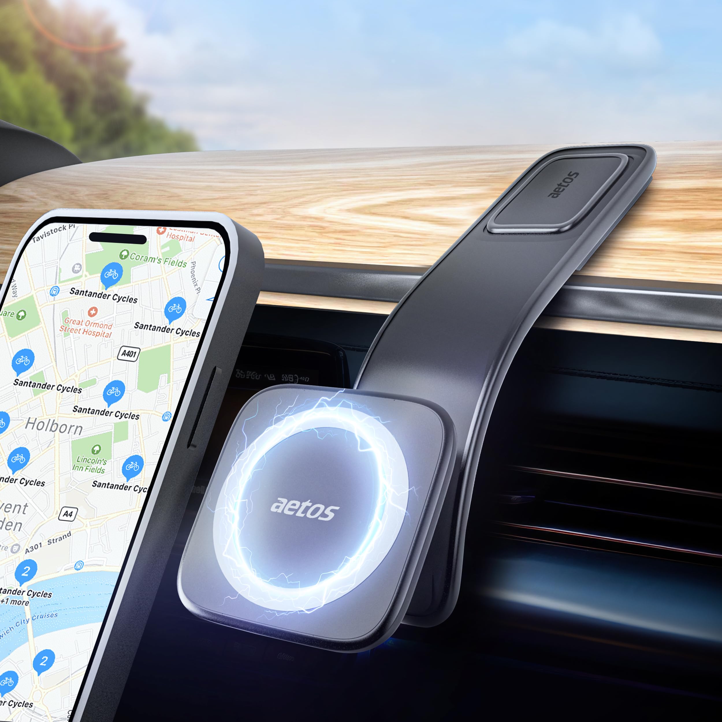 aetosfor Magsafe Magnetic Car Phone Mount for iPhone 15/14/13/12 Pro/Plus/Max and Android Phones with MagSafe Ring Adaptor | 360° Rotating Head & Bendable Alloy Arm for a Simplicity Modern Design