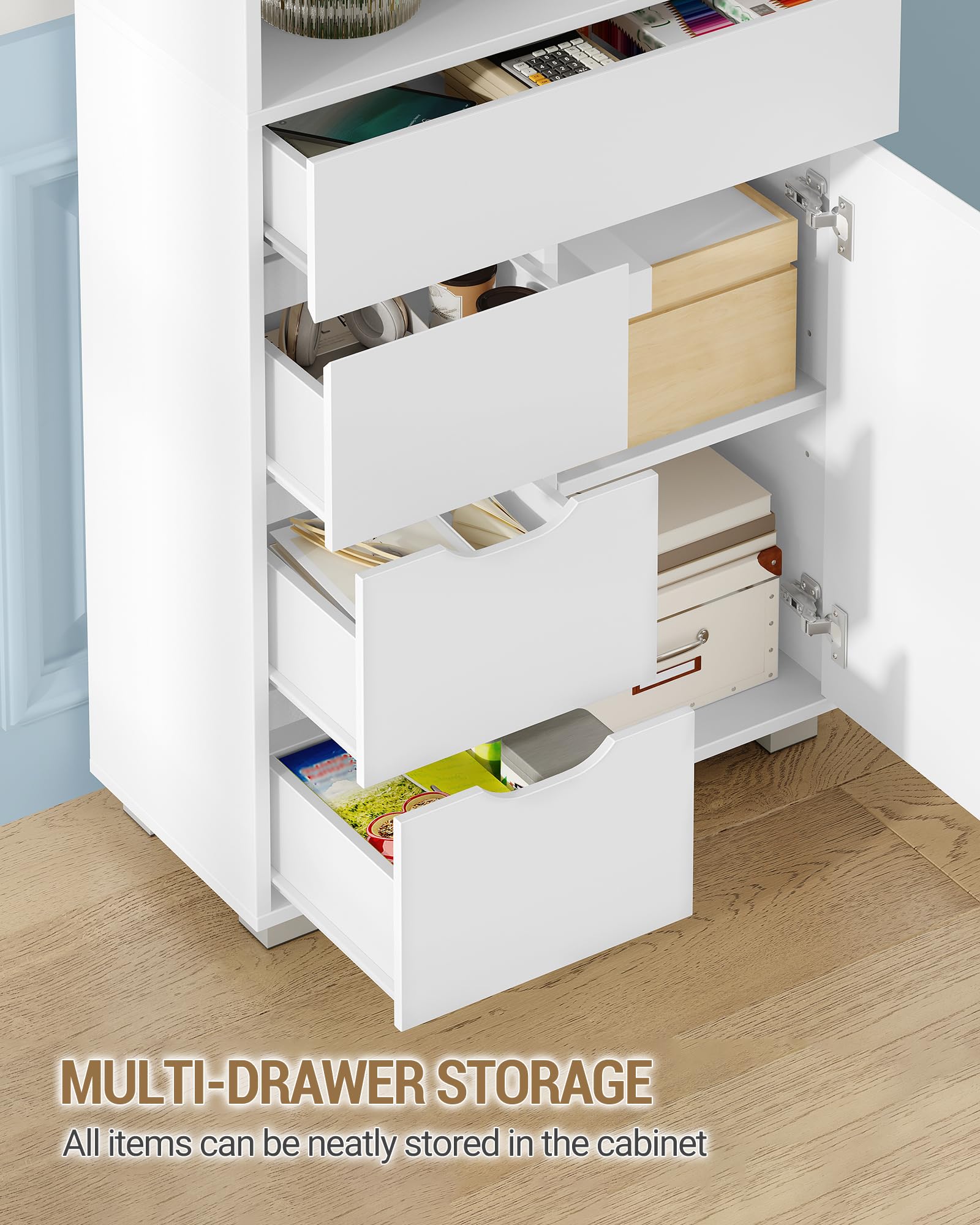 Hzuaneri Mobile Bagno, Alto, Colonna Bagno, 4 Cassetti e 3 Ante, ripiani regolabili, Ampio Spazio di Archiviazione, 30 x 60 x 190 cm, Moderno, per Soggiorno, Bagnos, Bianco SC15503X