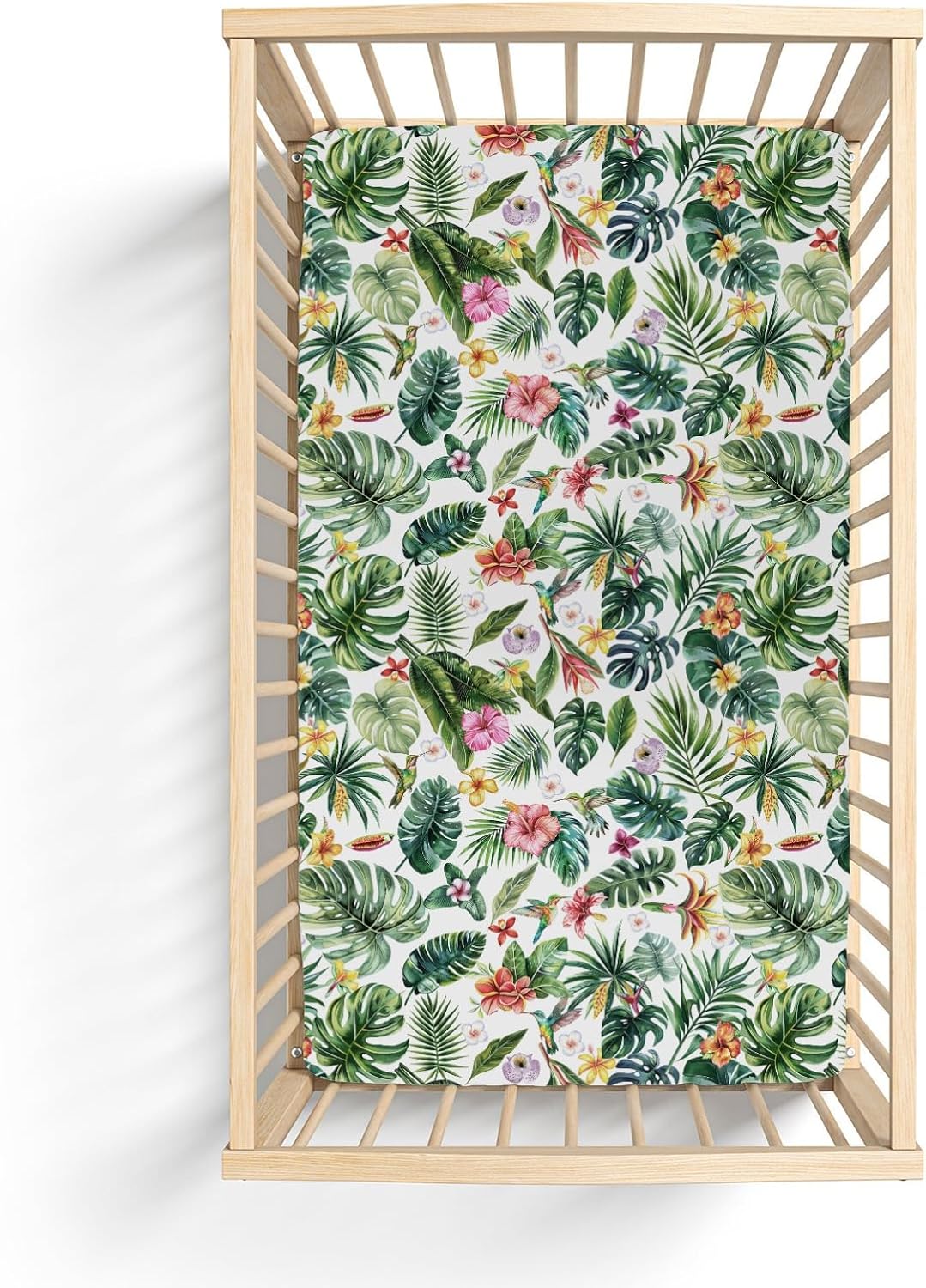 Tropical Flower Leaves Hummingbirds Baby Crib Sheets for Boy Girl 52"x28" Greenery Tropical Jungle Soft Snug Fitted Crib Mattress Cover Boho Summer Baby Sheet for Standard Crib & Toddler Bed Mattress