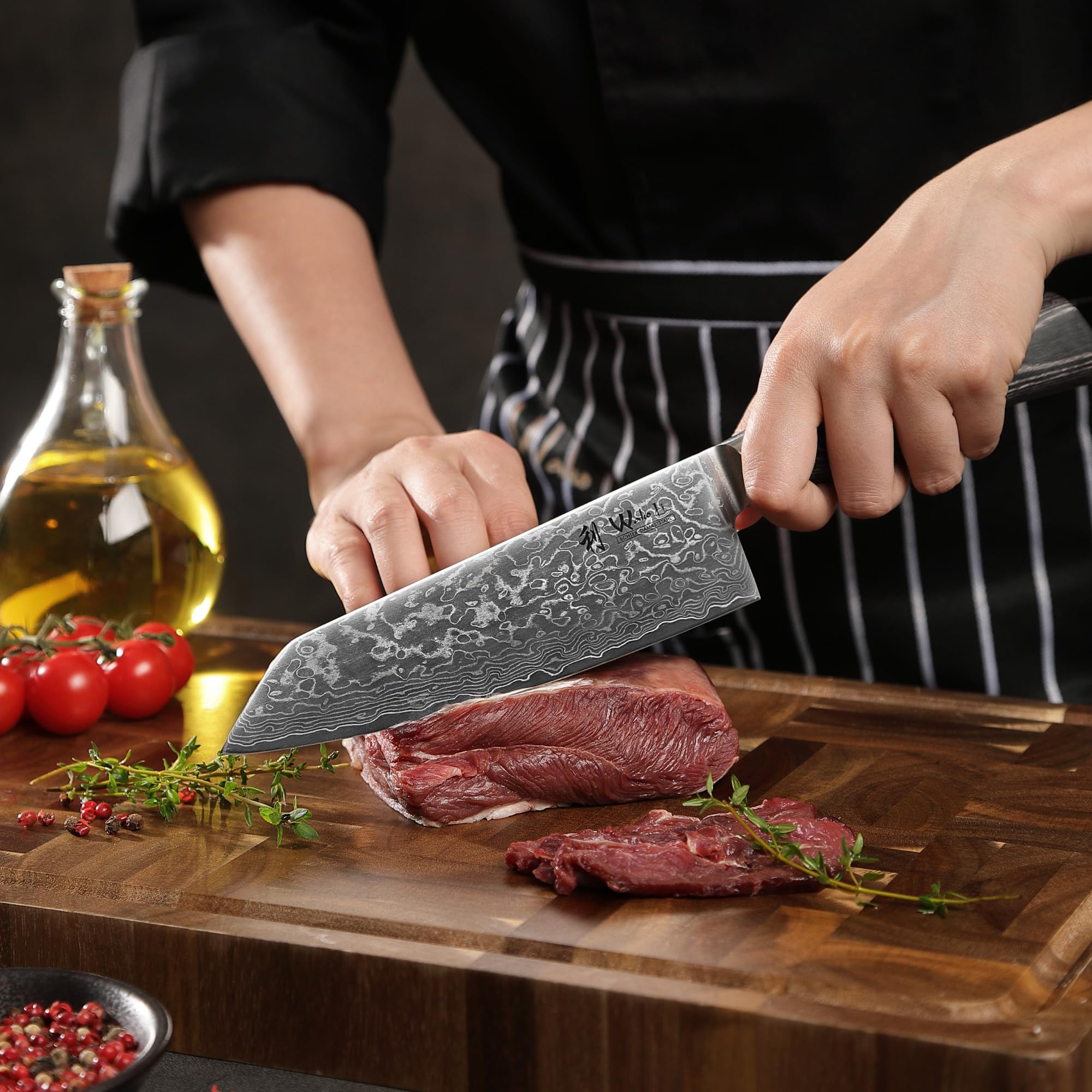 WAKOLI EDIB Pro Black Set de 3 Couteaux de Cuisine Professionnels en Damas | lames à 67 couches avec noyau VG10, manches en bois de pakka, élégant coffret cadeau en bois pour présentation et rangement