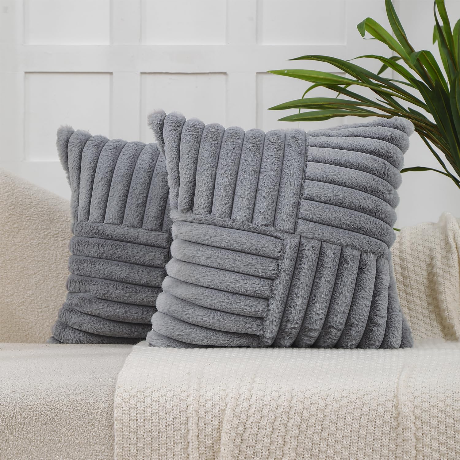 All Smiles Faux Fur Throw Pillow Covers 18x18 - Set Of 2 Cream White Boho Decor