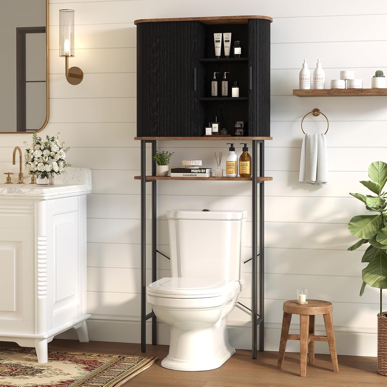 Over The Toilet Storage Cabinet, Fluted Over Toilet Storage Cabinet with Sliding Tambour Door, Adjustable Shelf, FreeStanding Toilet Shelf, Space Saver for Bathroom, Restroom, Laundry, Black