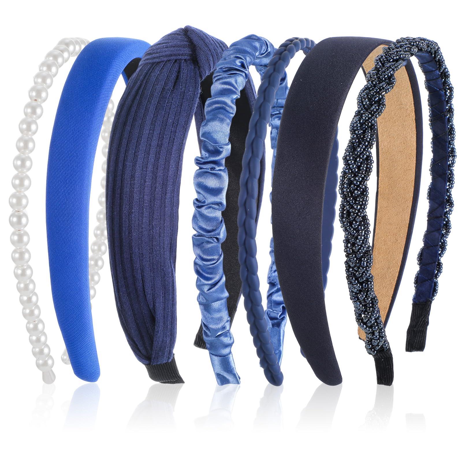 ElevateTech Blue Headbands for Women Girls, 7 Pcs Different Navy Blue Knotted Hair Band for Women Non Slip Pearl Head Bands for Thick Thin Hairs Fashion Hair Accessories Set
