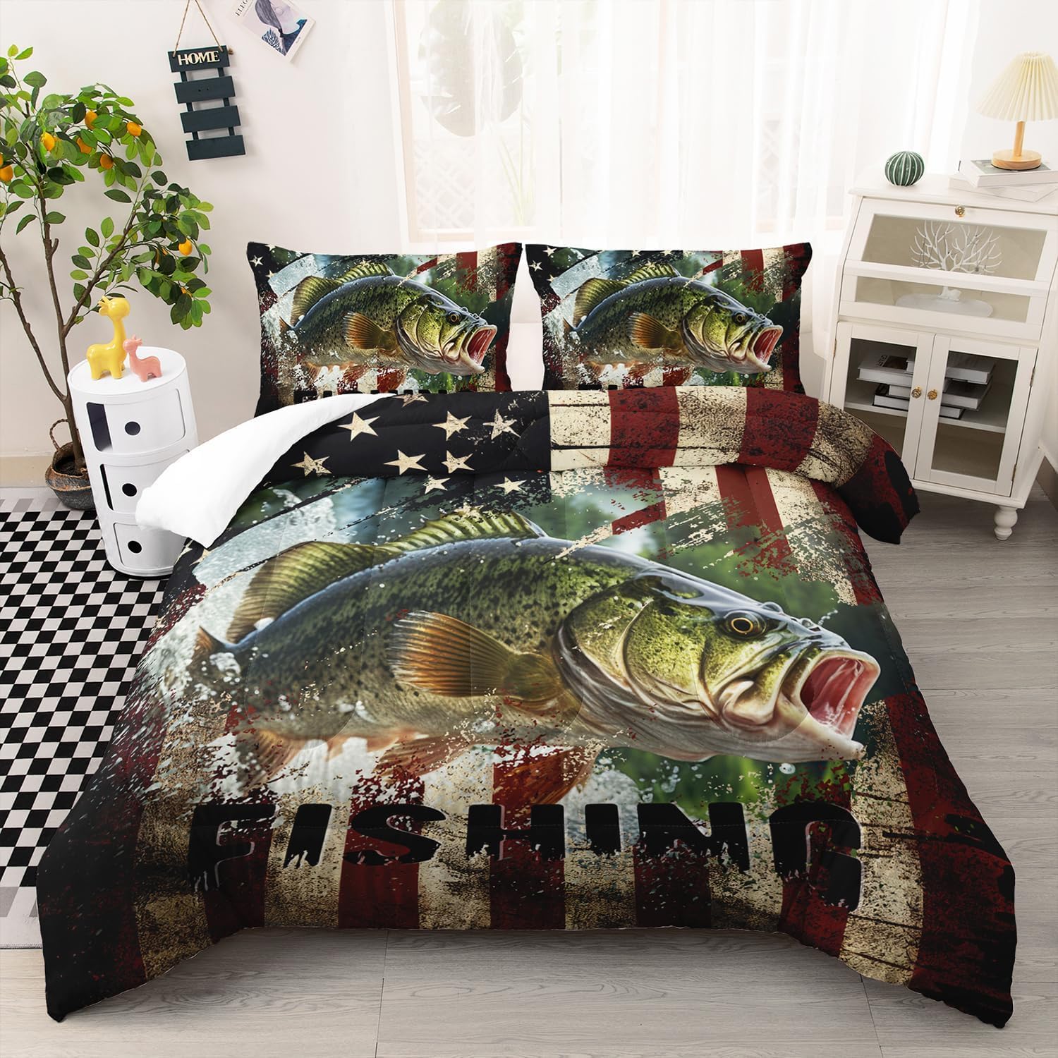 Suncloris Bass Fish Comforter Set for Kids Teens, Queen Size Vintage Grey Black Army Camo Fishing Bedding Quilt with 2 Red Geometry American Flag Themed Pillowcases- 90