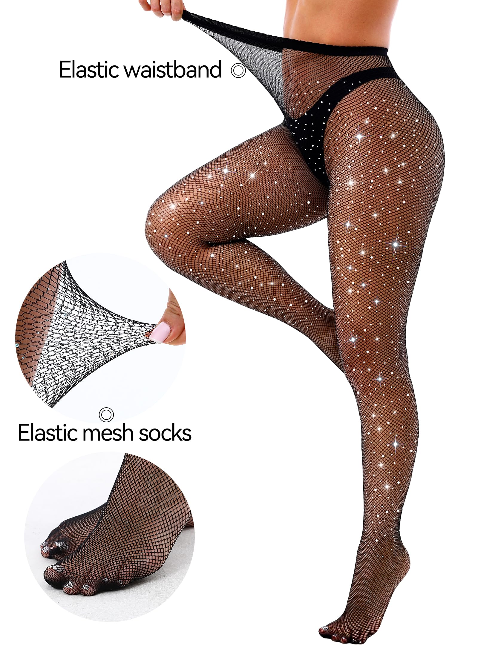 VEBZIN Sexy Sparkly Fishnets Stockings Jeweled High Waist Fishnet Tights for Women Rhinestone Party Pantyhose: 3X-Large Plus Plus Size Black Stockings