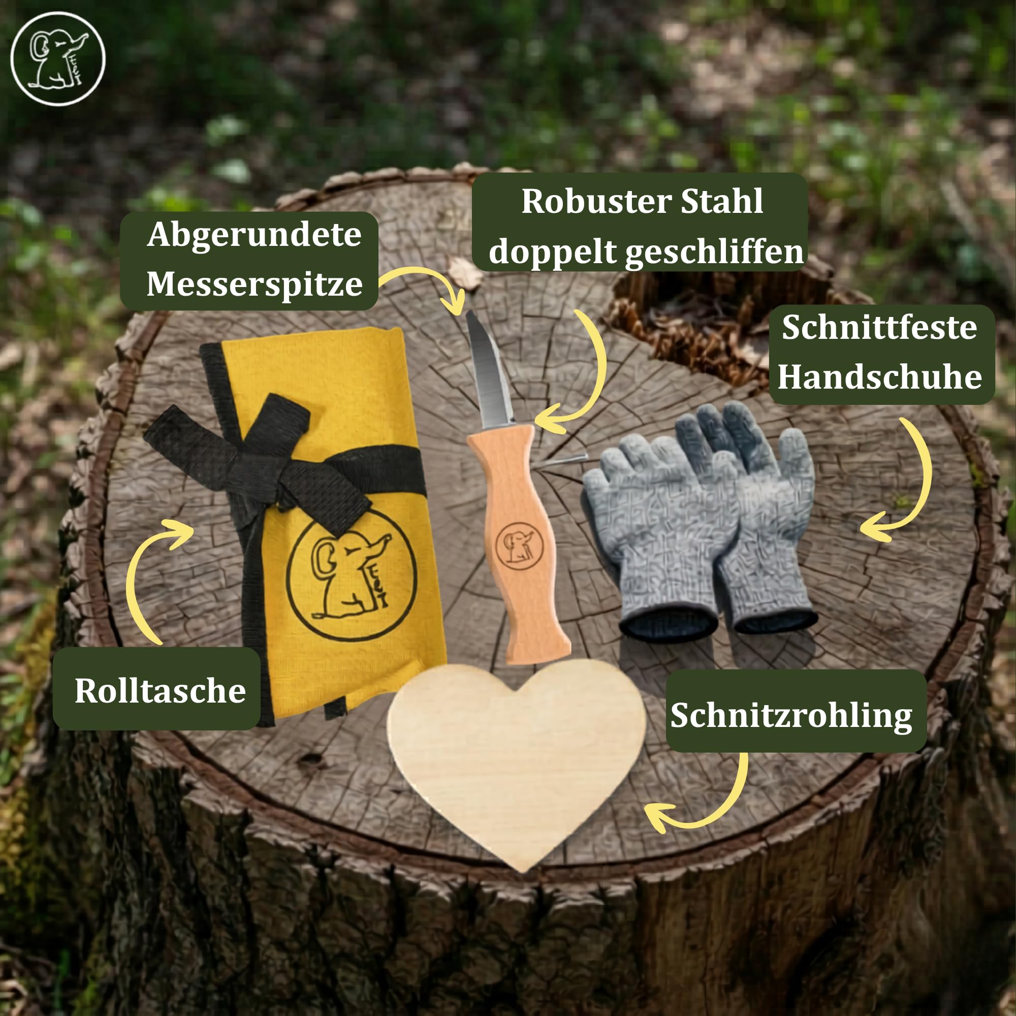 Eli® Schnitzmesser Kinder Set ab 6 Jahre inkl. Schnitzholz und schnittfeste Handschuhe - hochwertiges Kindermesser Schnitzset und Rohling Herz - Kinderschnitzmesser - Schnitzwerkzeug - Outdoor Messer