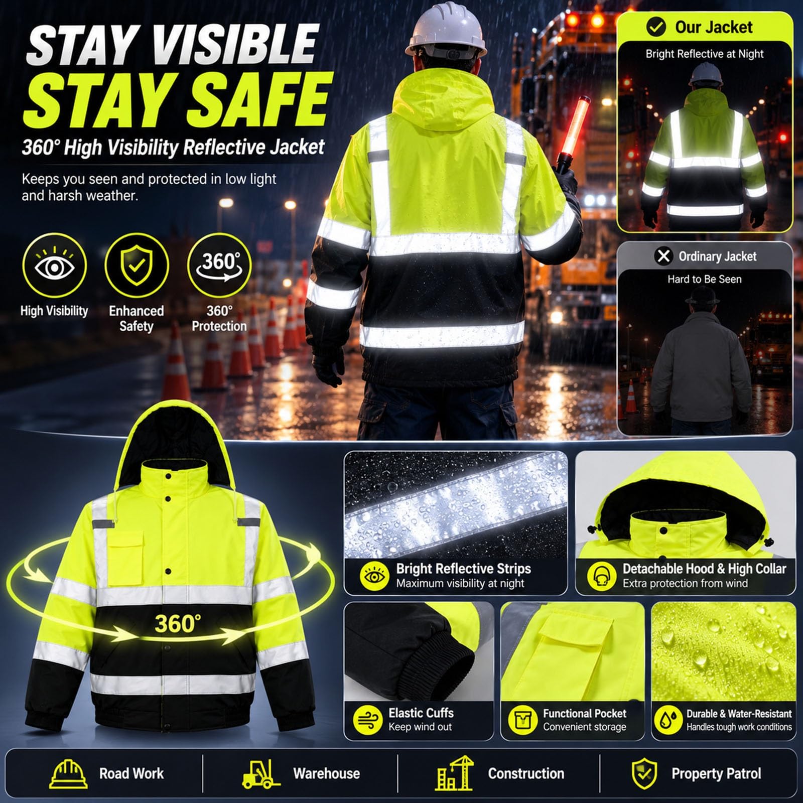 Chaqueta Alta Visibilidad Invierno Hombre, Chaqueta De Trabajo Reflectante | Forro Grueso De Algodón, Cuello Alto Cortavientos, Diseño Con Capucha, Cierre De Cremallera Suave(S)