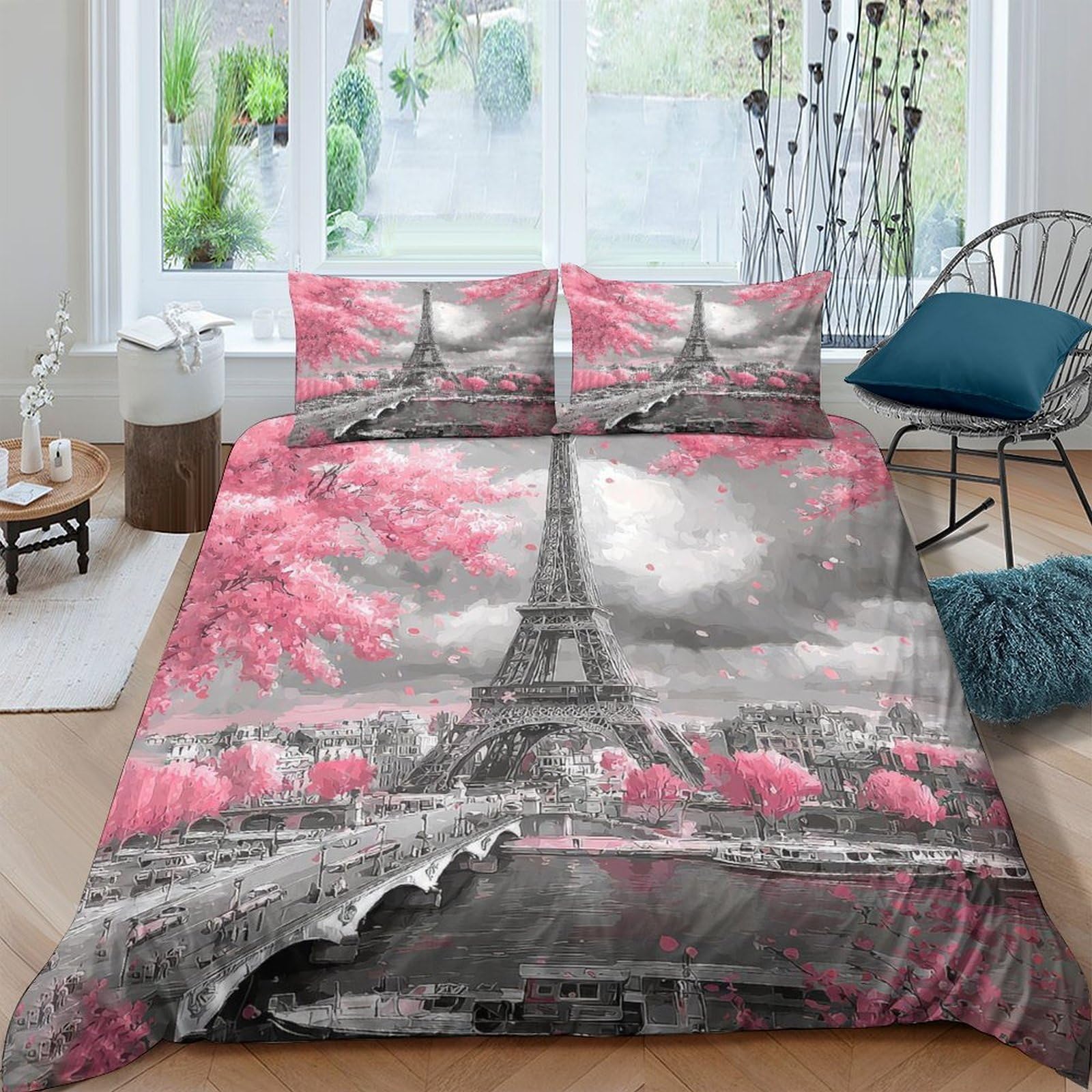 Ctjqhvkz Style-2 3D Printed Paris Eiffel Tower Fitted Sheet Microfiber Pink Tree Mattress Cover Bedroom Décor Anti-Slip Washable Single（135X200cm）