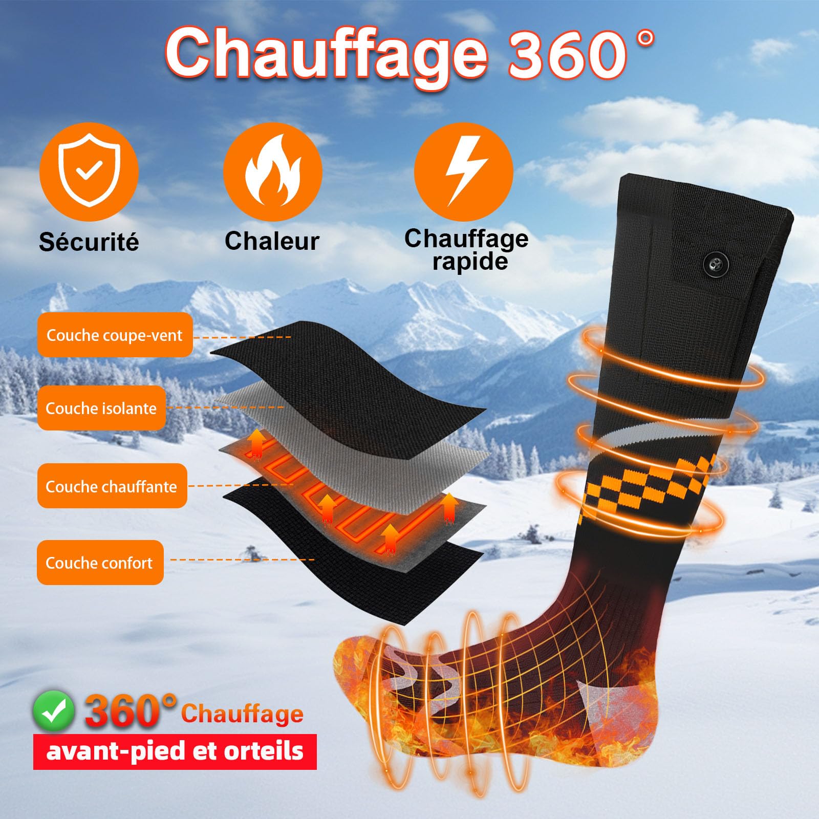 Chaussettes Chauffantes Frskalet 2x6000mAh avec Batterie, Contrôle par APP, 4 Réglages de Chauffage pour Femme Homme