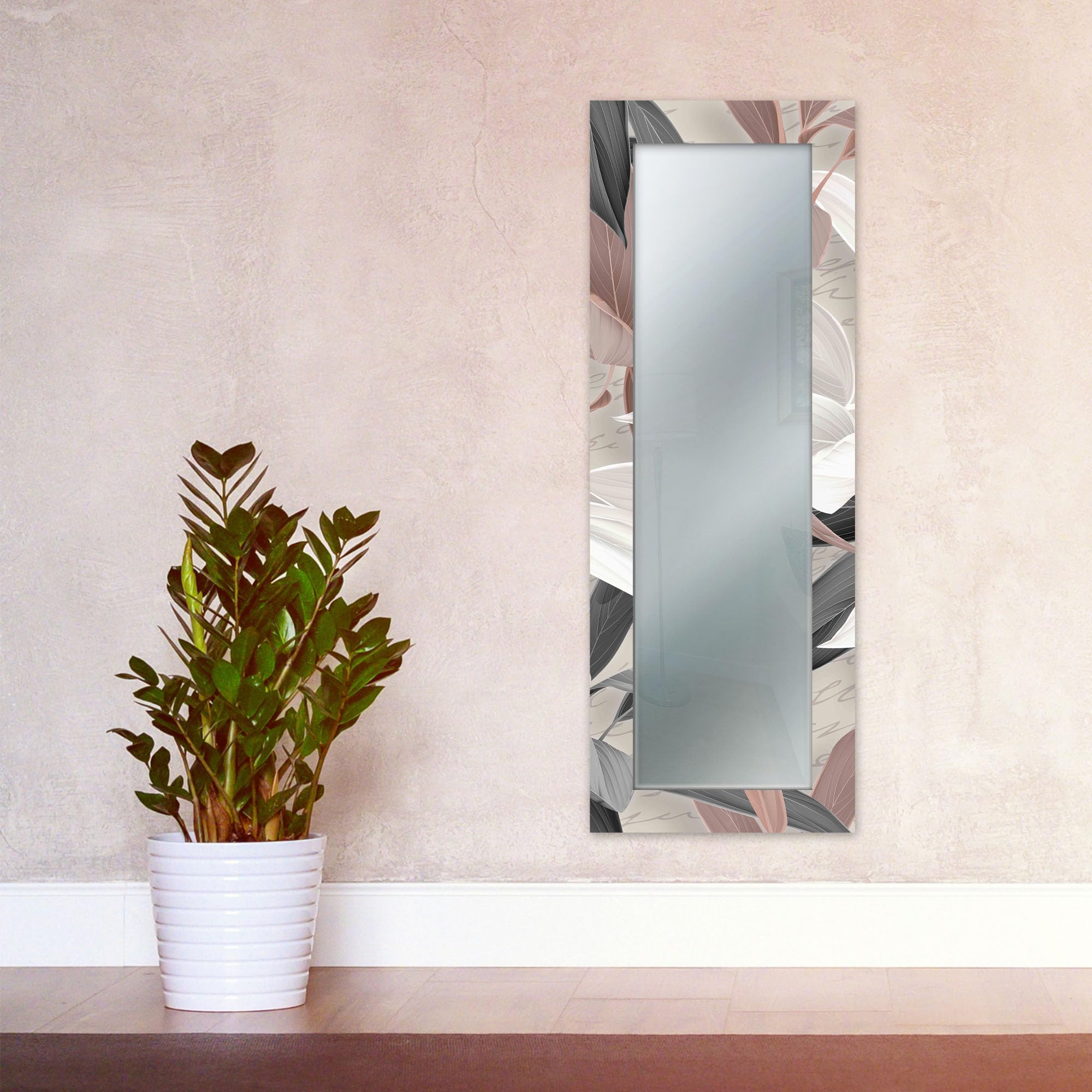 Lupia - Specchio da Parete Lungo MIRROR FANTASY LEAVES MIX 44x127 cm, Cornice Stampata, Design Moderno per Camera da Letto, Soggiorno, Ingresso, Specchio Corridoio, Specchio Design