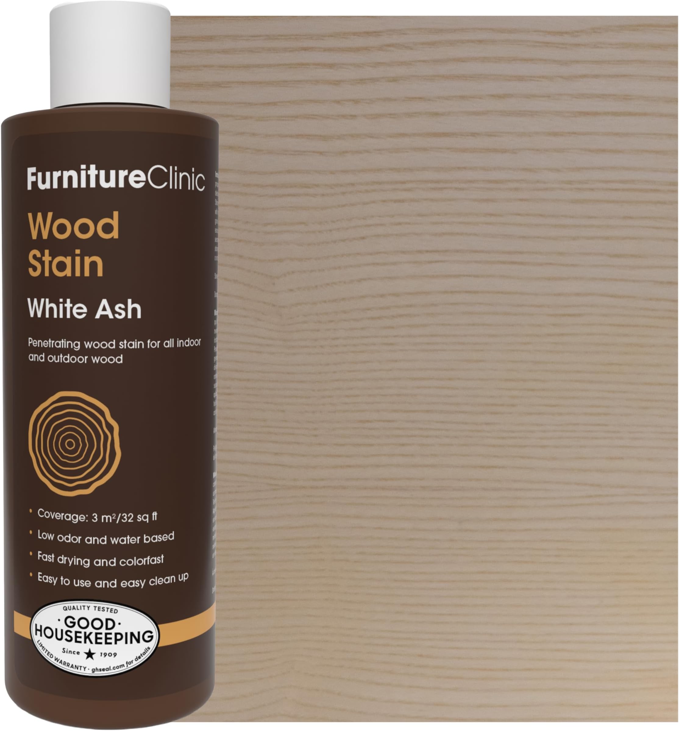 Furniture Clinic Wood Stain | White Ash | Water Based | Fast Drying, Low Odor, & Non-Toxic | for Indoor & Outdoor Furniture and More | Multiple Finishes | (8.5oz / 250ml)