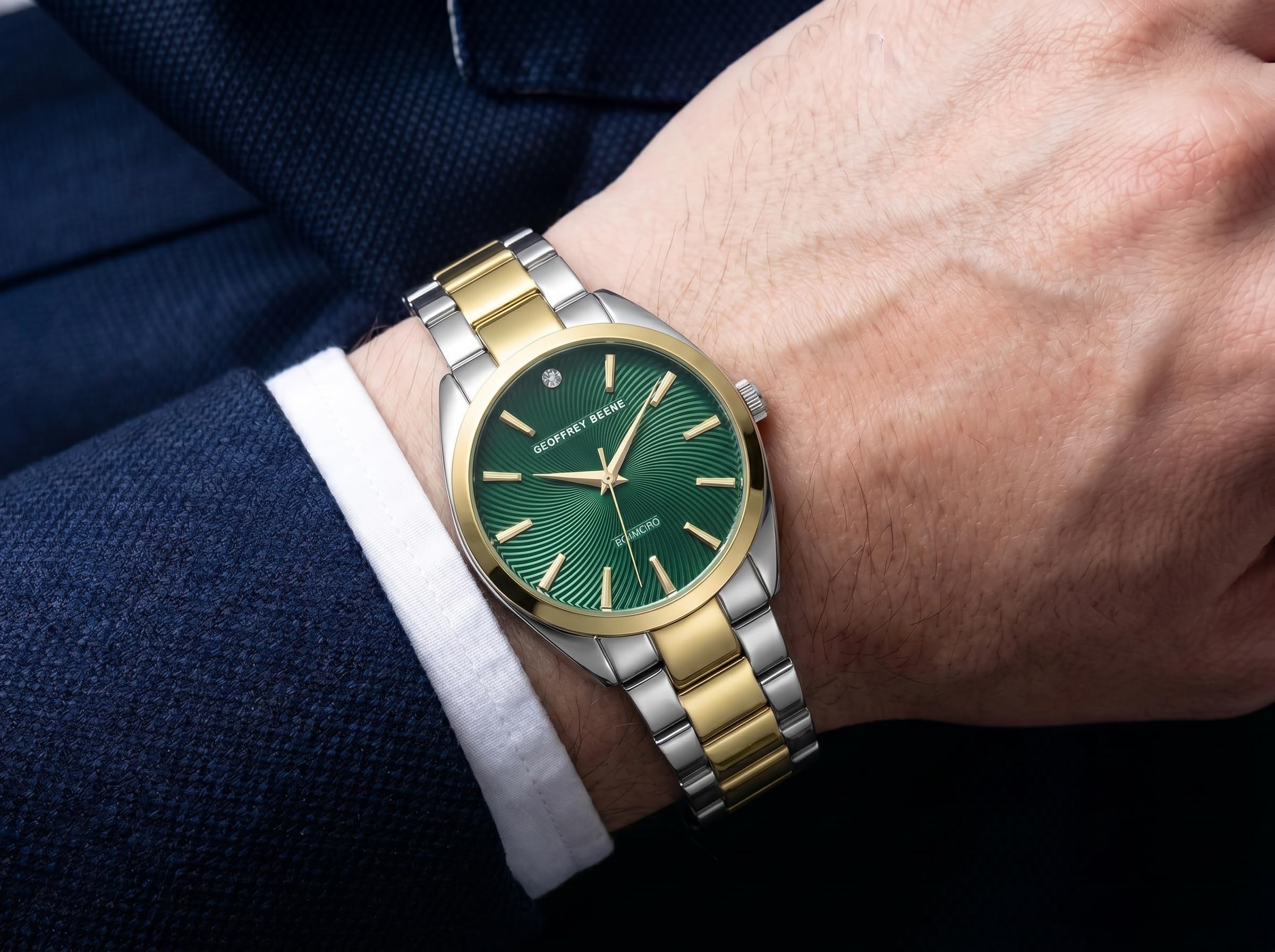 Geoffrey Beene Reloj redondo de dos tonos para hombre, 41 mm, esfera texturizada verde, acento de diamantes