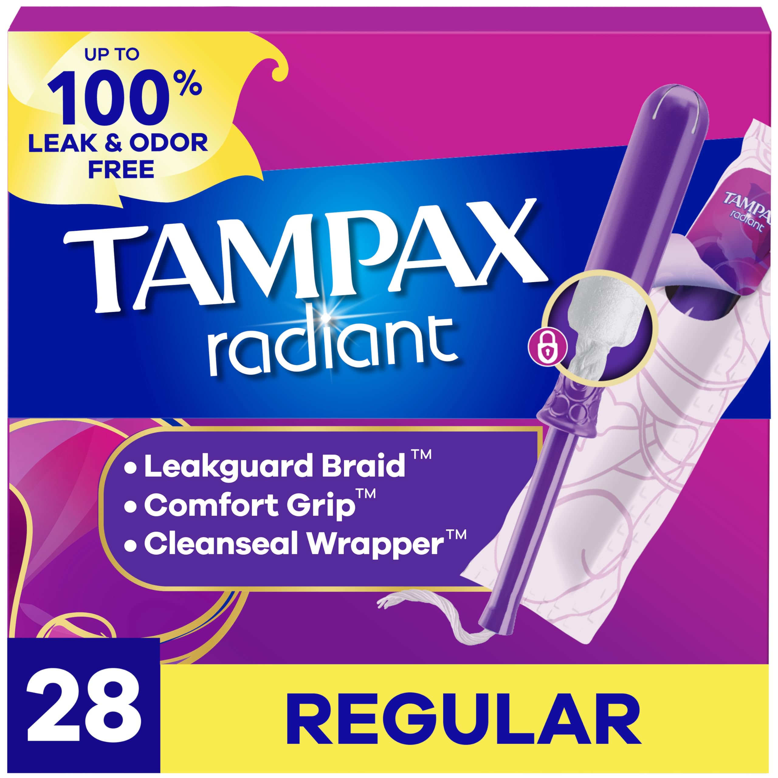 Radiant Tampons by Tampax – Regular, Model Radiant Plastic Tampons, Regular Absorbency, Unscented