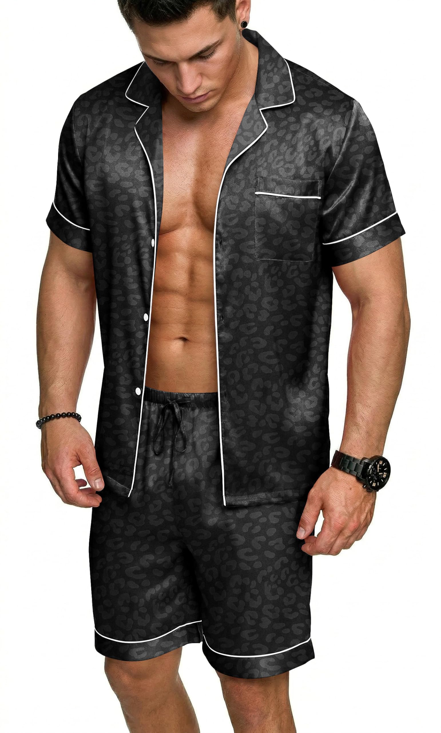 Ekouaer Mens Silk Satin Pajamas Set, Short Sleeve Sleepwear Lightweight Button Up Lounge Pjs Set with Pockets S-4XL — view 17