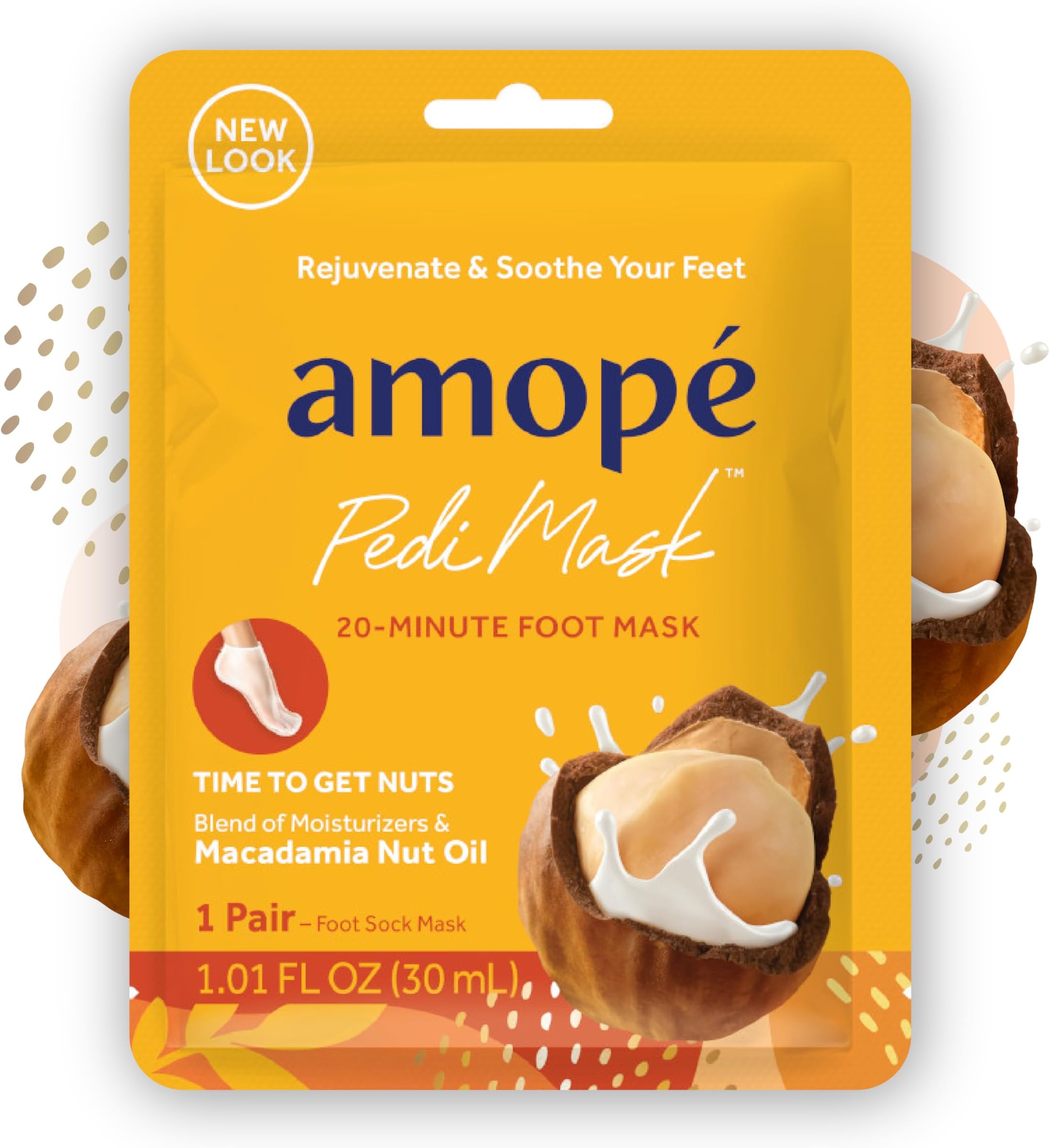 Amopé Pedi Mask 20-Minute Foot Mask, Intensely Moisturizing Socks, Self-Care, Time to Get Nuts with Macadamia Nut Oil, Urea & Vitamin Complex for Long Lasting Hydration, 3 pair (Packaging May Vary)