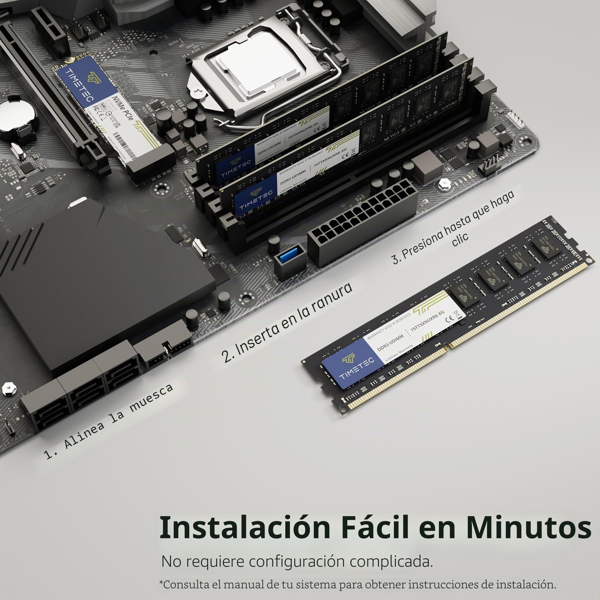 Timetec 8GB Kit(2x4GB) DDR3 1333MHz PC3-10600 Non-ECC Unbuffered 1.35V / 1.5V CL9 2Rx8 Dual Rank 240 Pin UDIMM Memoria RAM Módulo para Actualizacion para PC Computadora de Escritorio