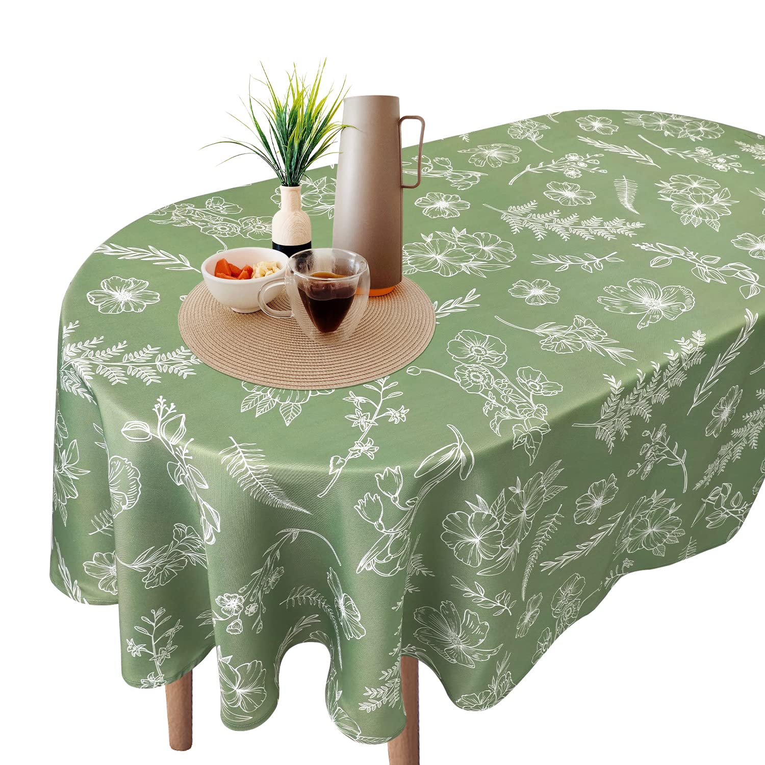 Sage Green Oval Tablecloth 60 x 84 Inches, Leaves Flower Summer Autumn Tablecloth Table Cover Table Cloths for Parties Kitchen Table, Polyester Fabric