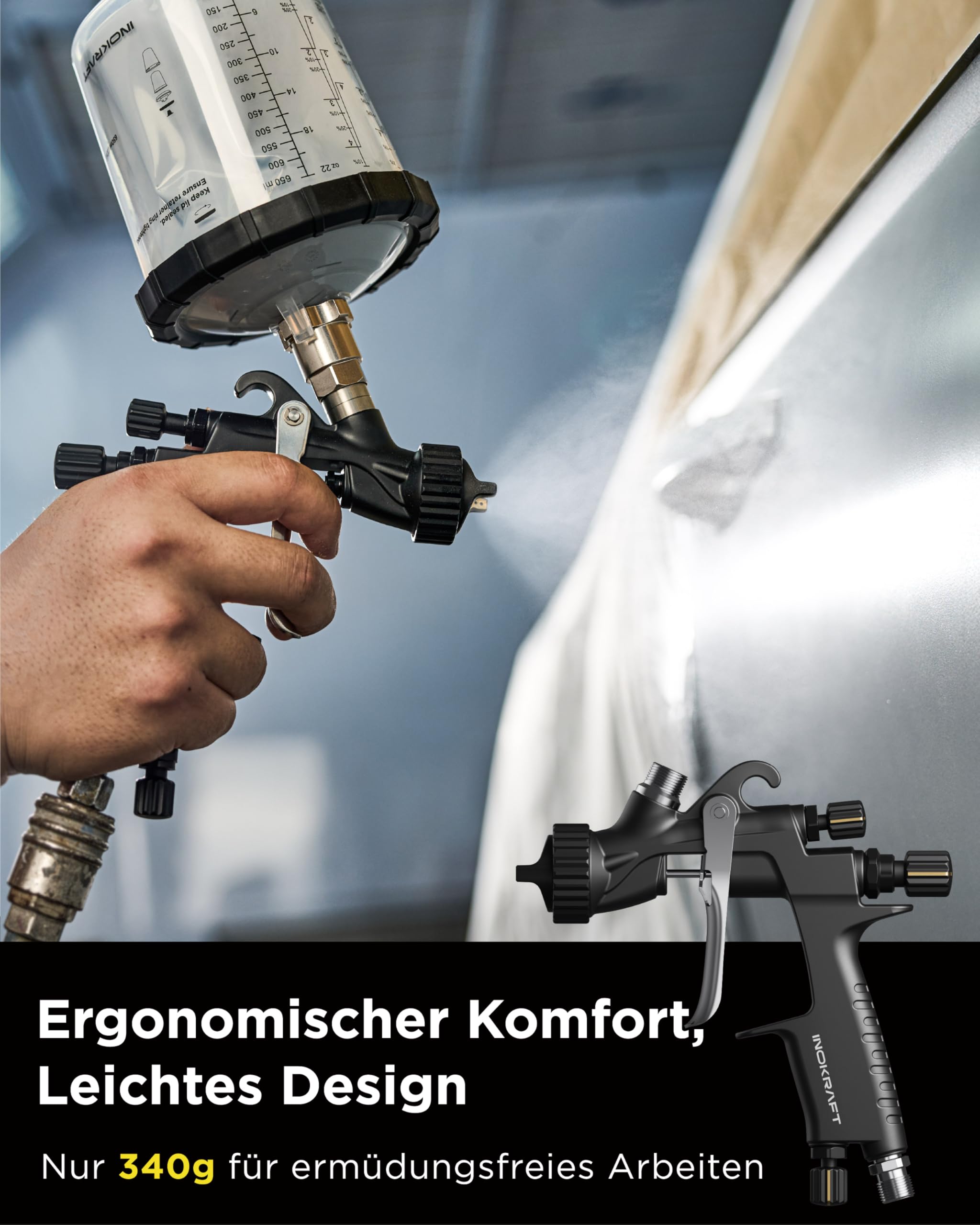 InoKraft Drizzle Pro LVLP Lackierpistole – Professionelles Farbsprühsystem, extrem leicht (340 g), Low-Overspray, 1.3B/1.3C Düsenkit – für Auto, Wandfarbe & Industrie