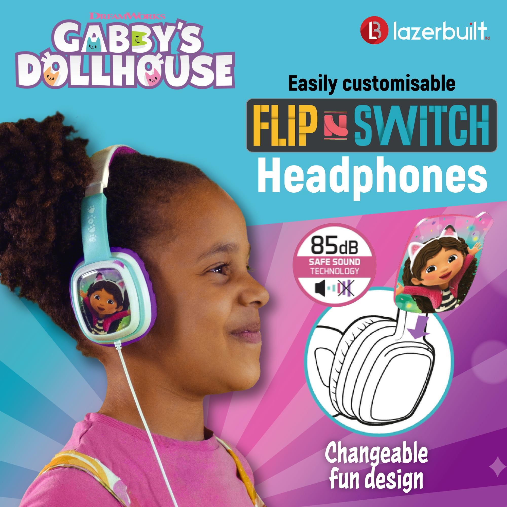 Gabbys - Cuffie per bambini Flip'n'Switch con cavo e 8 schede dal design divertente intercambiabili, morbidi e comodi padiglioni imbottiti e archetto regolabile.