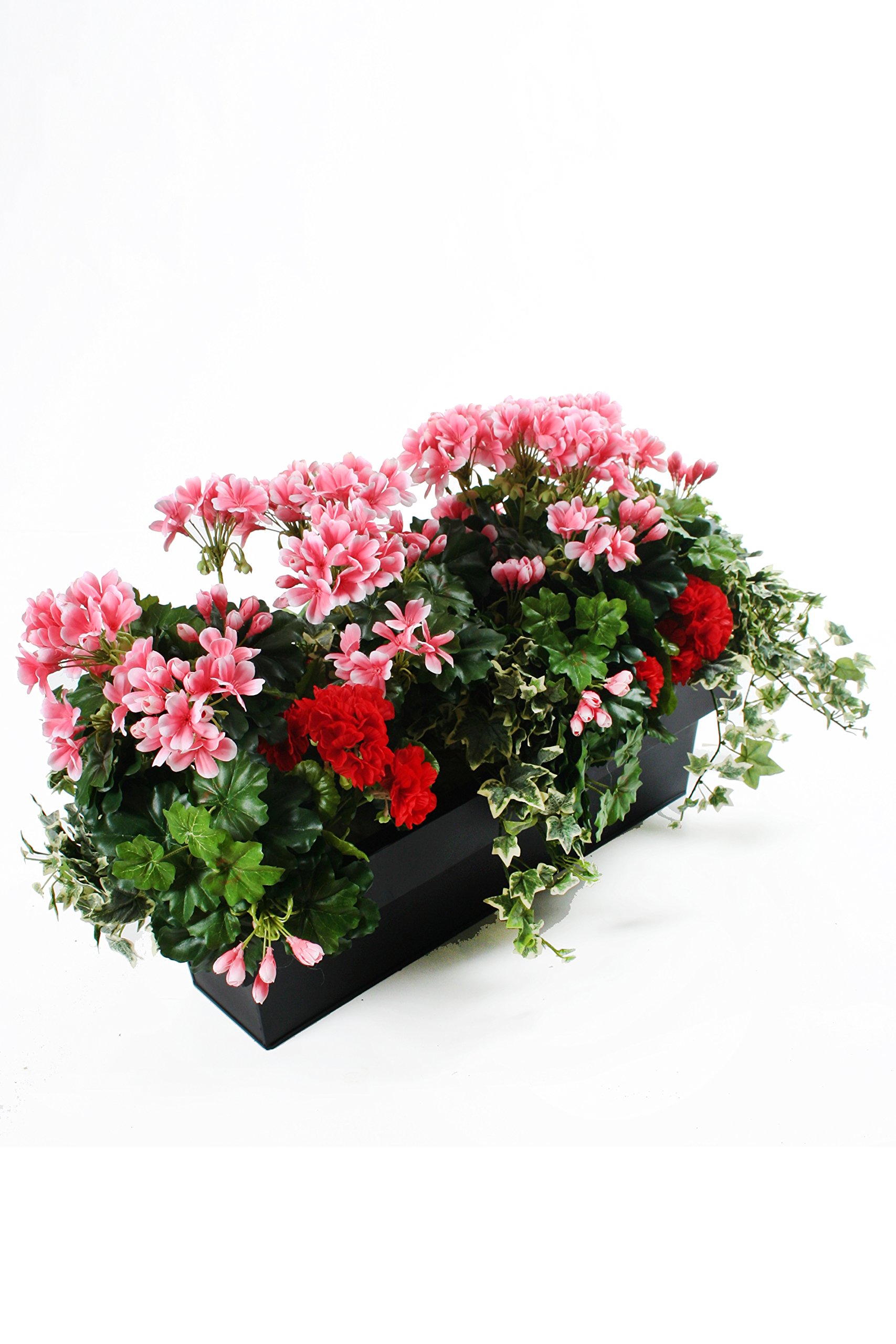 Closer2nature Red Artificial 35Cm And Pink Geranium Display In A 50Cm Basalt Black Trough Planter, Faux Flowers Decoration Plants For Vibrant Outdoor Foliage In Garden