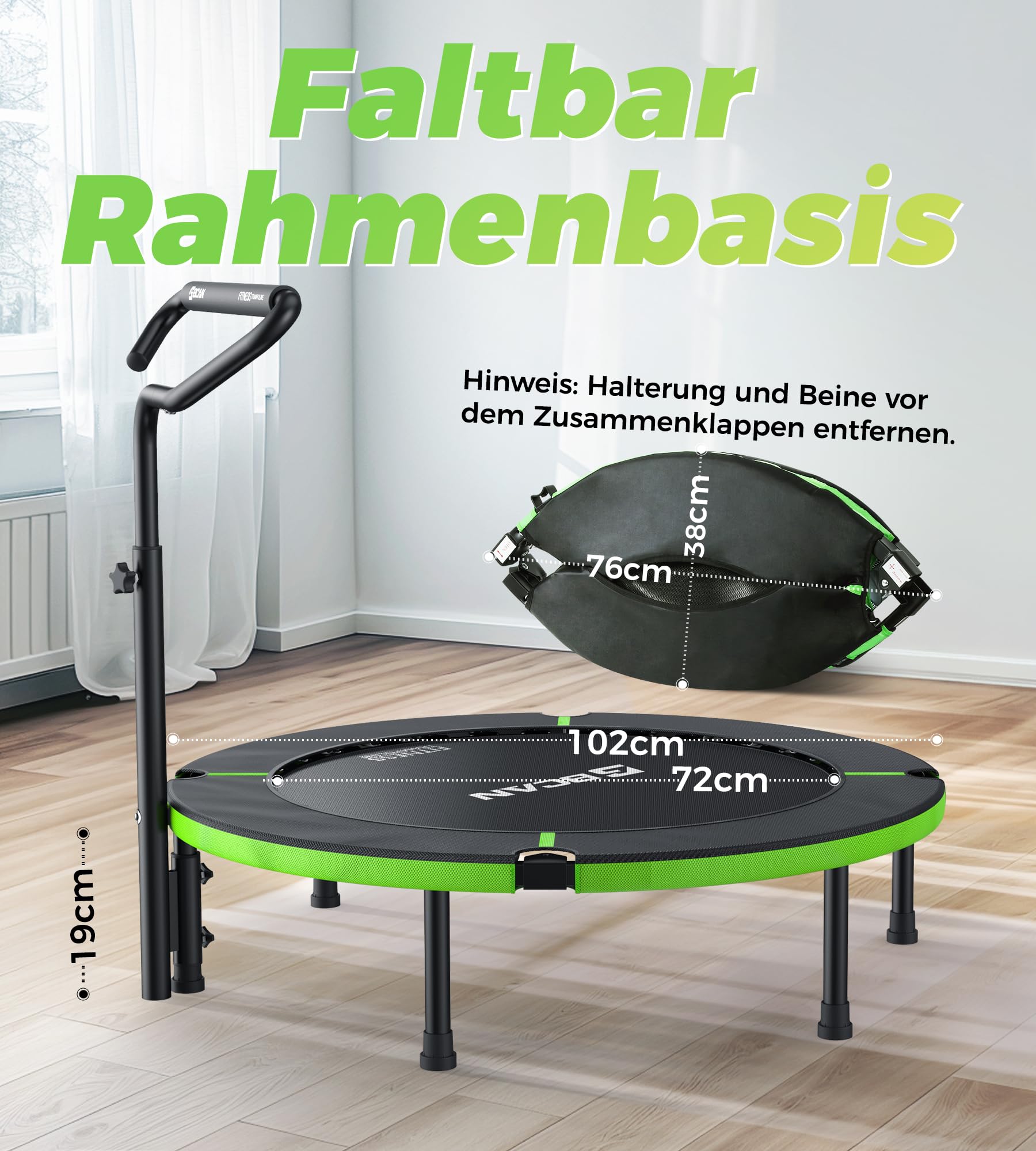 BCAN Trampolin Indoor, 102 cm Jumping Trampolin Fitness, Faltbar, Tragfähigkeit 150 KG, Verstärkte Feder, Verstellbarer Haltegriff mit Schaumstoffpolsterung, Geeignet für Erwachsene und Kinder