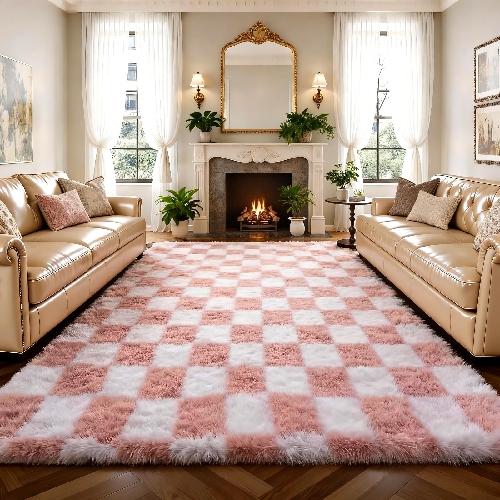 Untimaty Rugs Living Room - 160x230cm Classic Checkered Large Pink and White Ultra Soft Fluffy Bedroom Area Rugs Washable Anti-Slip Backing Carpet Nursery Kids Room Modern Floor Home Decor โ image 1