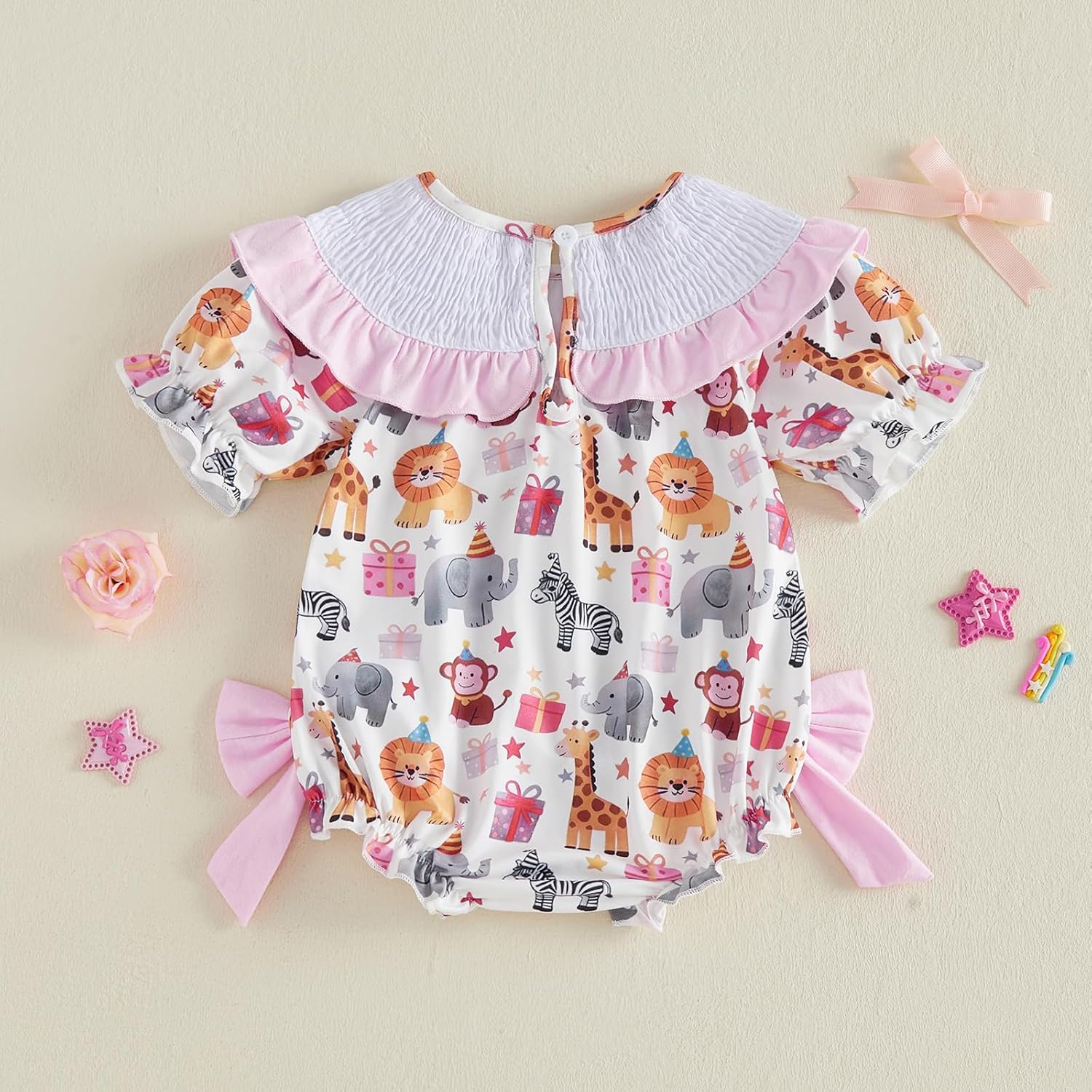 Pudcoco Baby Girls First Birthday Outfit 1st Birthday Romper Coquette Bow Bubble Smocked One Embroidery Ruffle Jumpsuit - Image 7