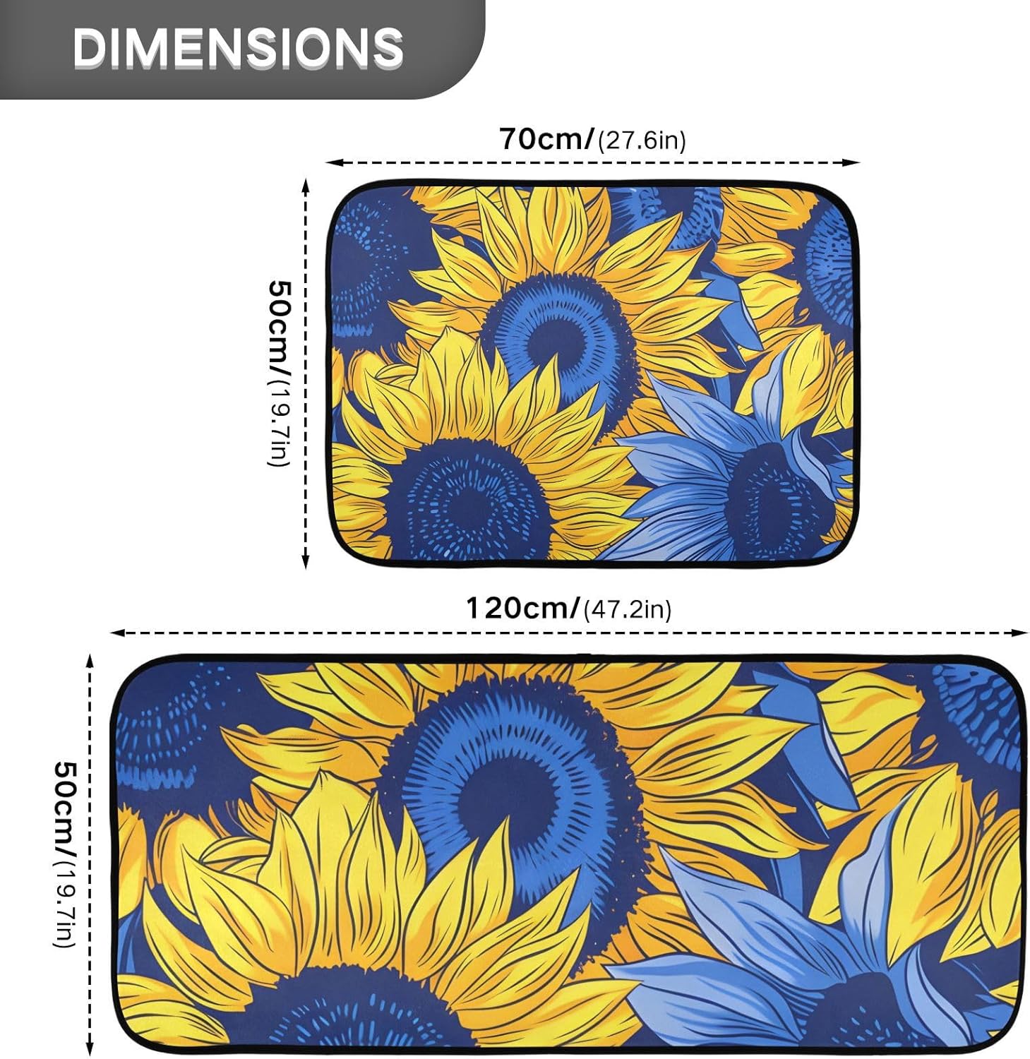 Sunflowers in Blue and Yellow Colors Kitchen Rugs and Mats 2 Pieces Anti Fatigue Kitchen Mat Set Non Slip Bath Mat Entry Floor Carpet Door Mat Runner 20"x28"+20"x47"
