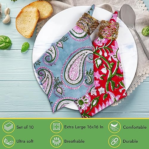 Miniatura 3 de DIYANAIMPEX 10 piezas de servilletas de tela de algodón con estampado de bloque de mano hecho a mano de 16x16 pulgadas, decoración del hogar