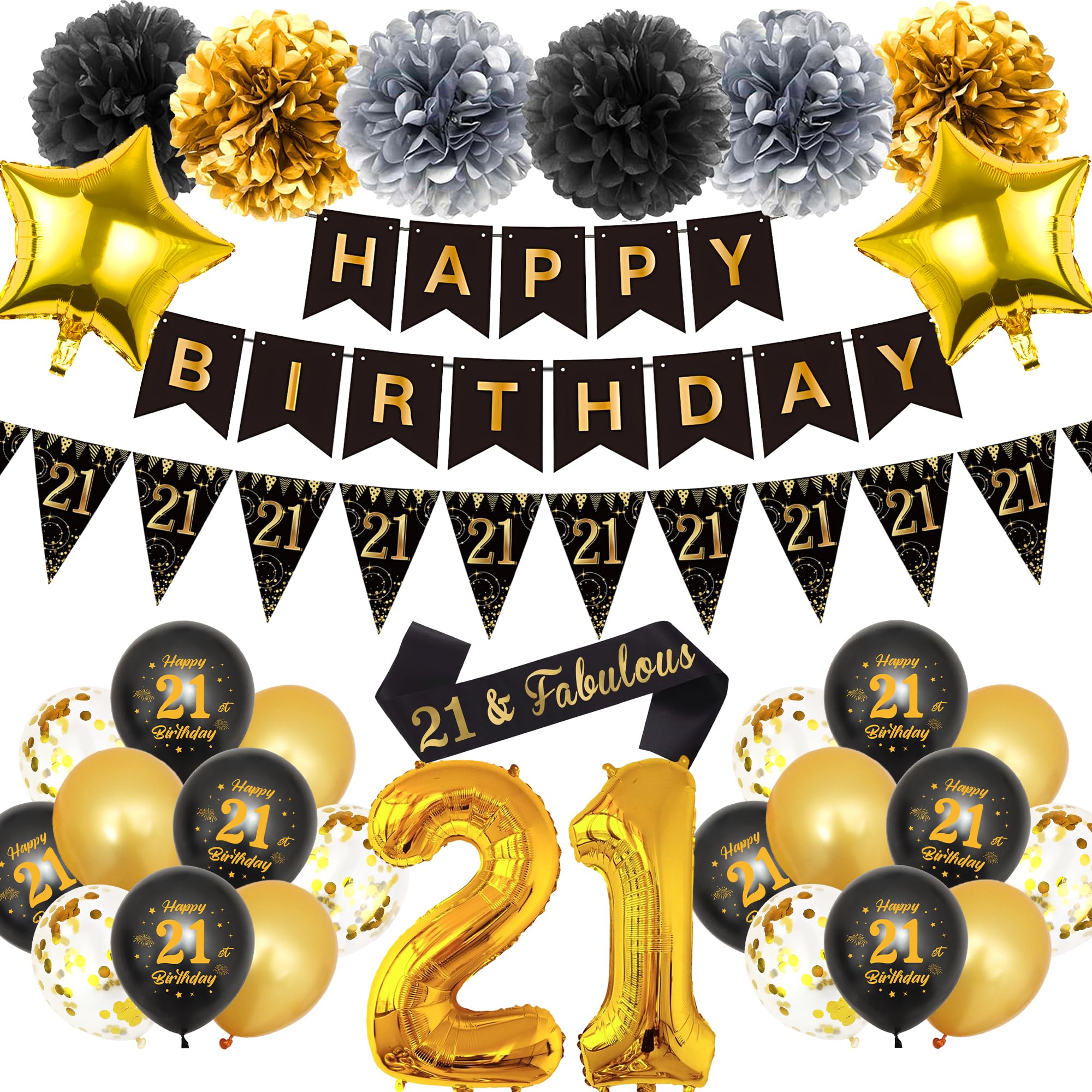 21st Birthday Decorations Men Women - 33 Pcs Black Gold Happy Birthday Banner Triangular Flag Pom Poms Sash Star Number Foil Latex Balloons Set for 21 Year Old Birthday Party Decoration Supplies