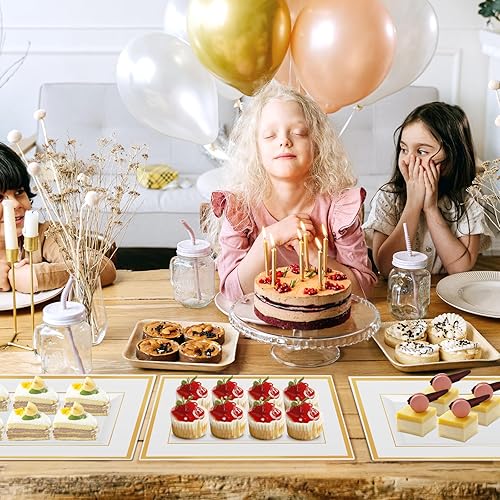 Miniatura 3 de 12 bandejas de plástico blanco para servir con borde dorado, bandejas rectangulares de postre de 14 x 9 pulgadas para mesa de postre, platos