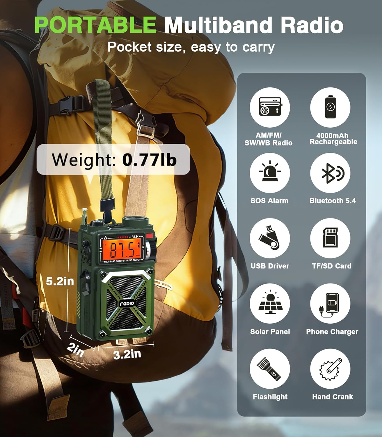 Greadio Portable Shortwave Radios with NOAA Weather Radio, 14800mWh Digital Radio AM FM with Bluetooth 5.4, Crank/Solar/USB Charging, Support USB/TF, Charger Pack/SOS/Flashlight for Outdoor, Emergency - Image 5