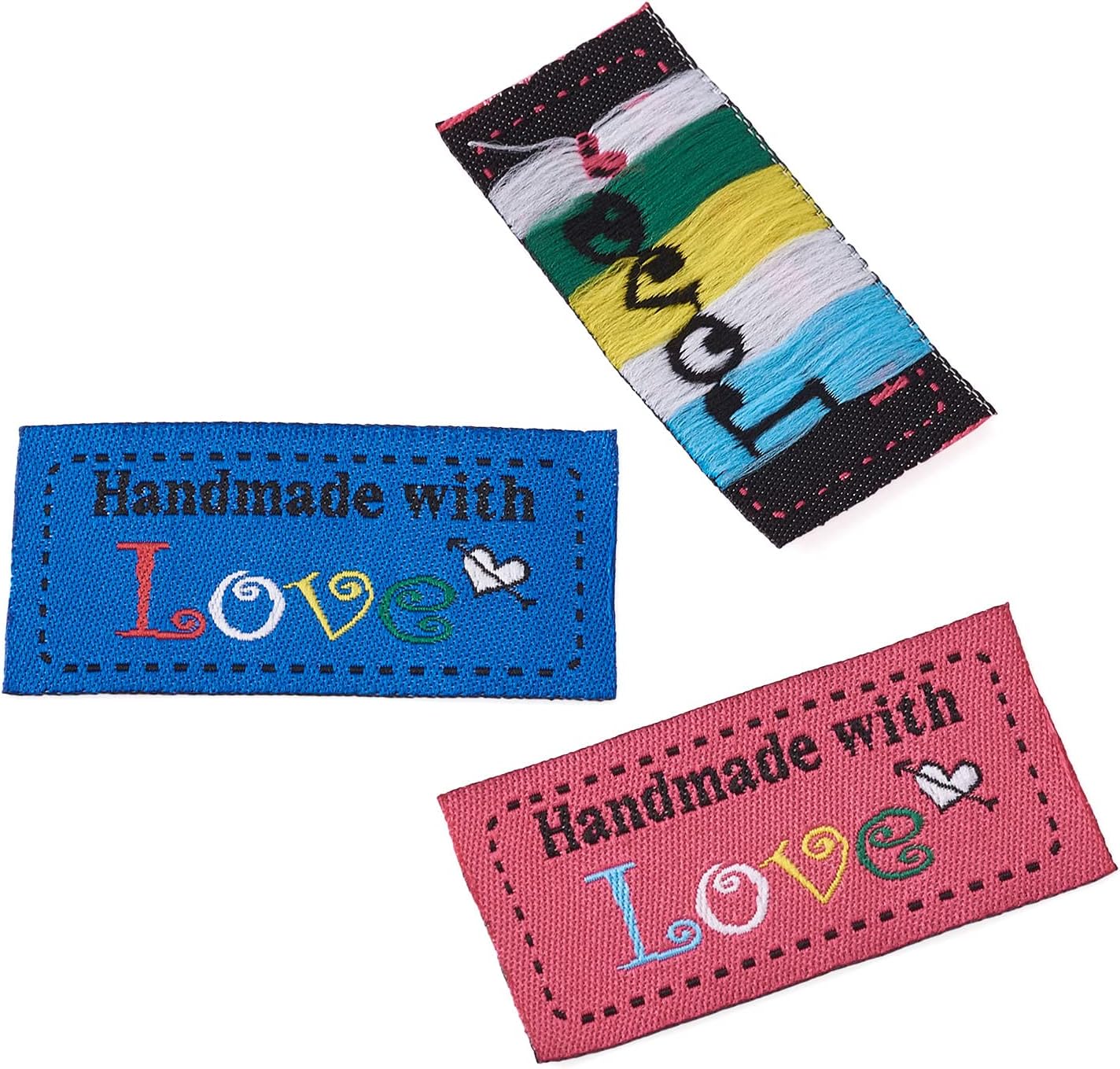 Craftdady 150pcs Handmade with Love Sewing Labels 5 Colors Woven Embroidered Cloth Sew on Label Tags for Sewing Scrapbooking Clothing Decoration DIY Art Crafts 25x50mm