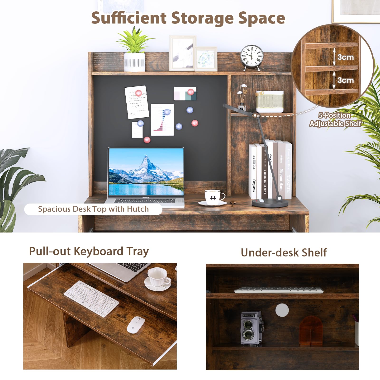 LIFEZEAL Scrivania, Scrivania Ufficio Porta Computer, PC, con Libreria e Lavagna Magnetica, 89x50cm, Scrittoio, in Legno, Moderno, Postazione di Lavoro, Studio, Piano Ampio, Portaoggetti (marrone)