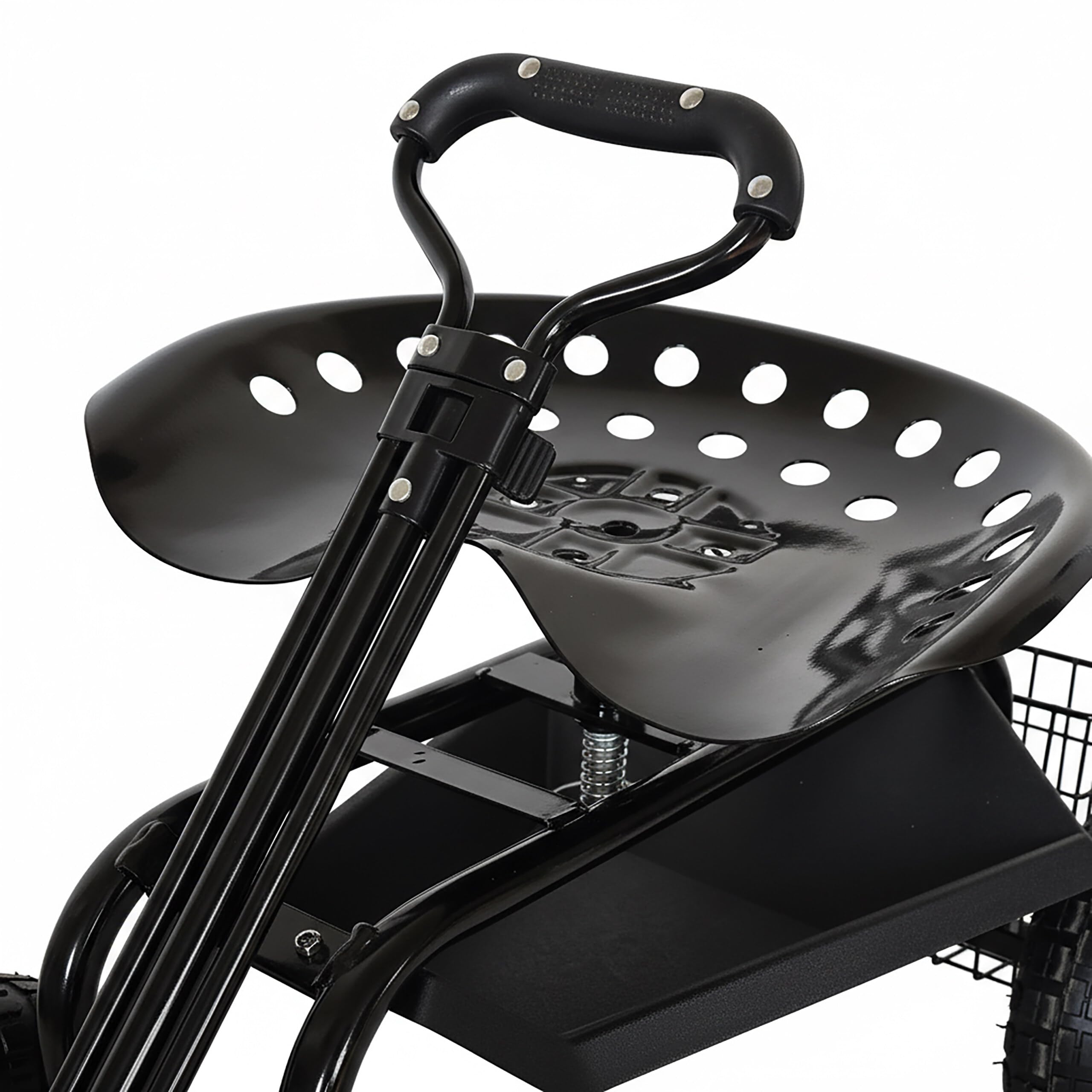 Relaxdays Asiento rodante de jardín, Regulable en Altura, 150 kg, almacenaje, Manillar, Acero, Ruedas neumáticas, Negro