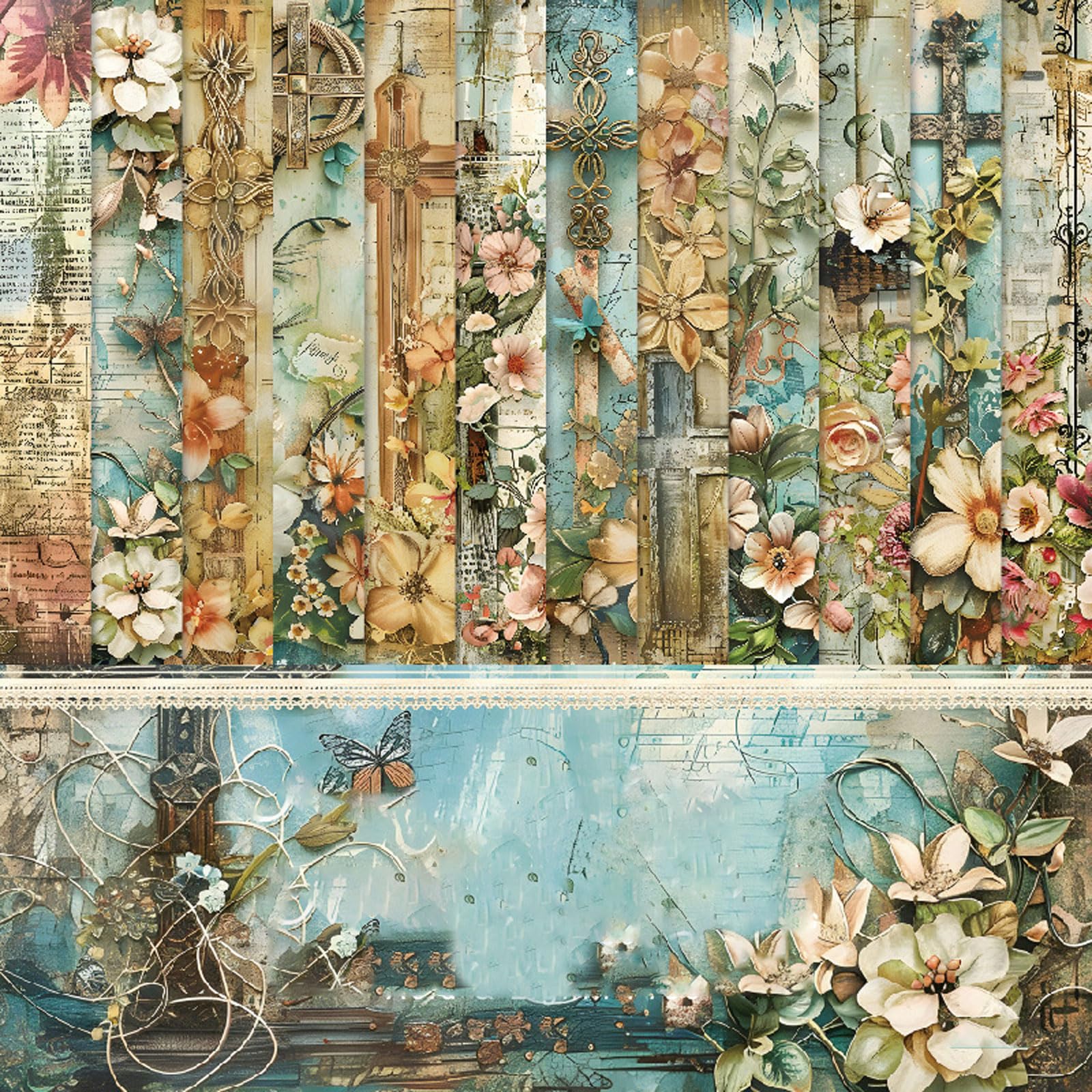 Vintage Floral Scrapbook Paper 6x6, 48 Sheets /12 Designs Flowers Patterned Designed Decorative Decoupage for Wedding Folded Card Material Small Album