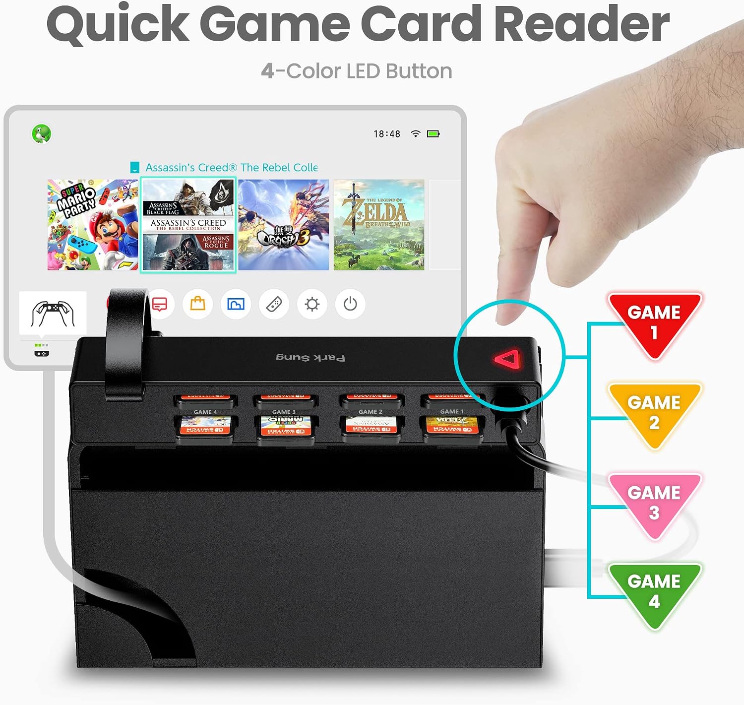 Park Sung Switch Game Switcher, Switch Game Card Reader, 8-in-1 Game Cards Holder, Quick Switching Adapters for Switch/Switch OLED, No Setting Required (4 for Game+4 for Storage) (Switcher Switching)
