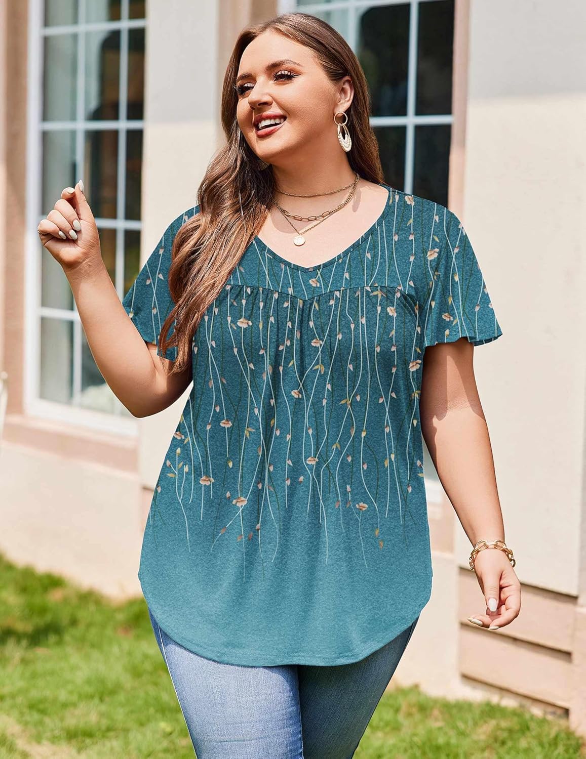 IN'VOLAND Plus Size Womens Ruffle Sleeve Tunic Tops V Neck Summer Shirts Floral Print Tops Dressy Blouse - Image 3