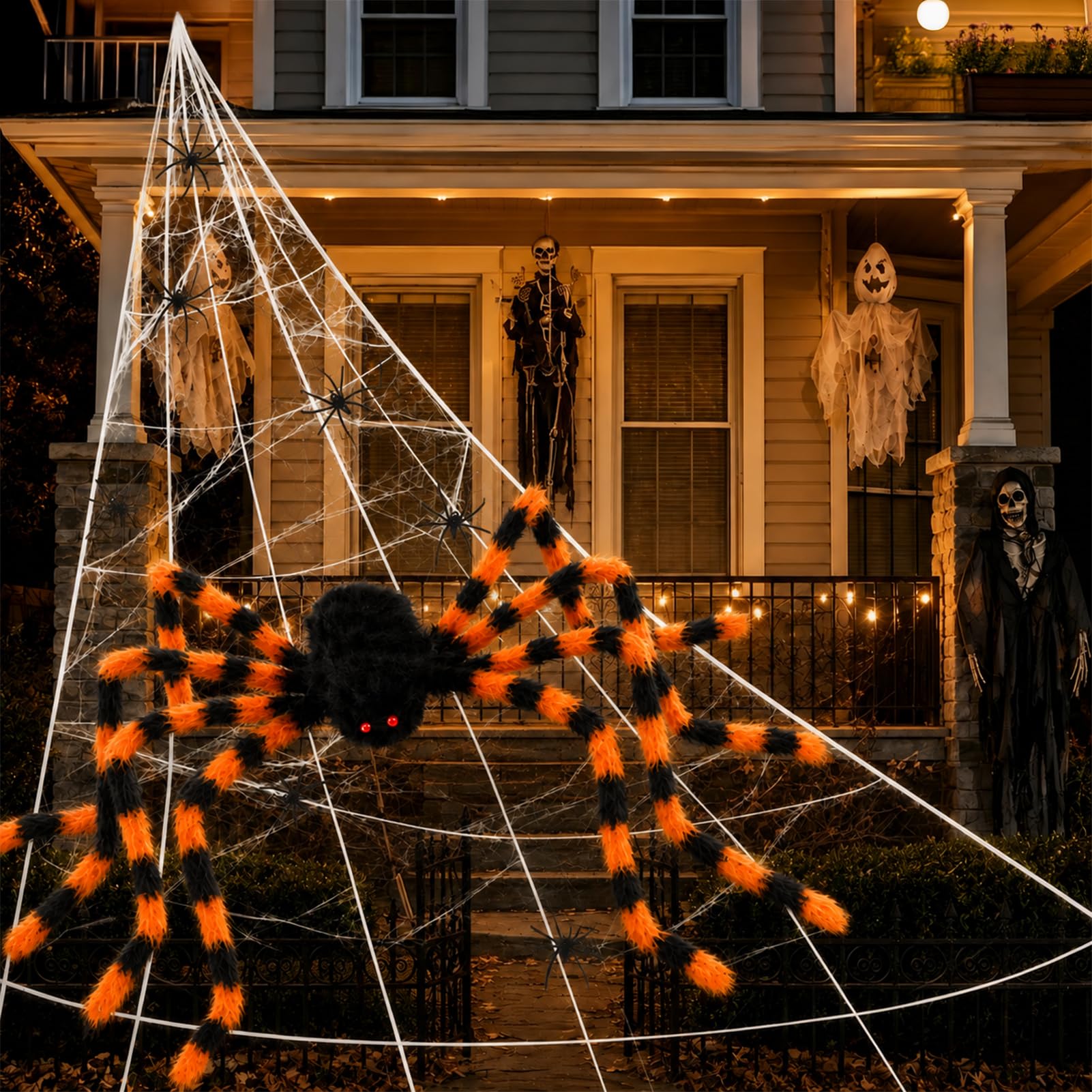 HRX Package Halloween Decorations 59" Giant Spider with Large 200" Spider Web (Black and Yellow)