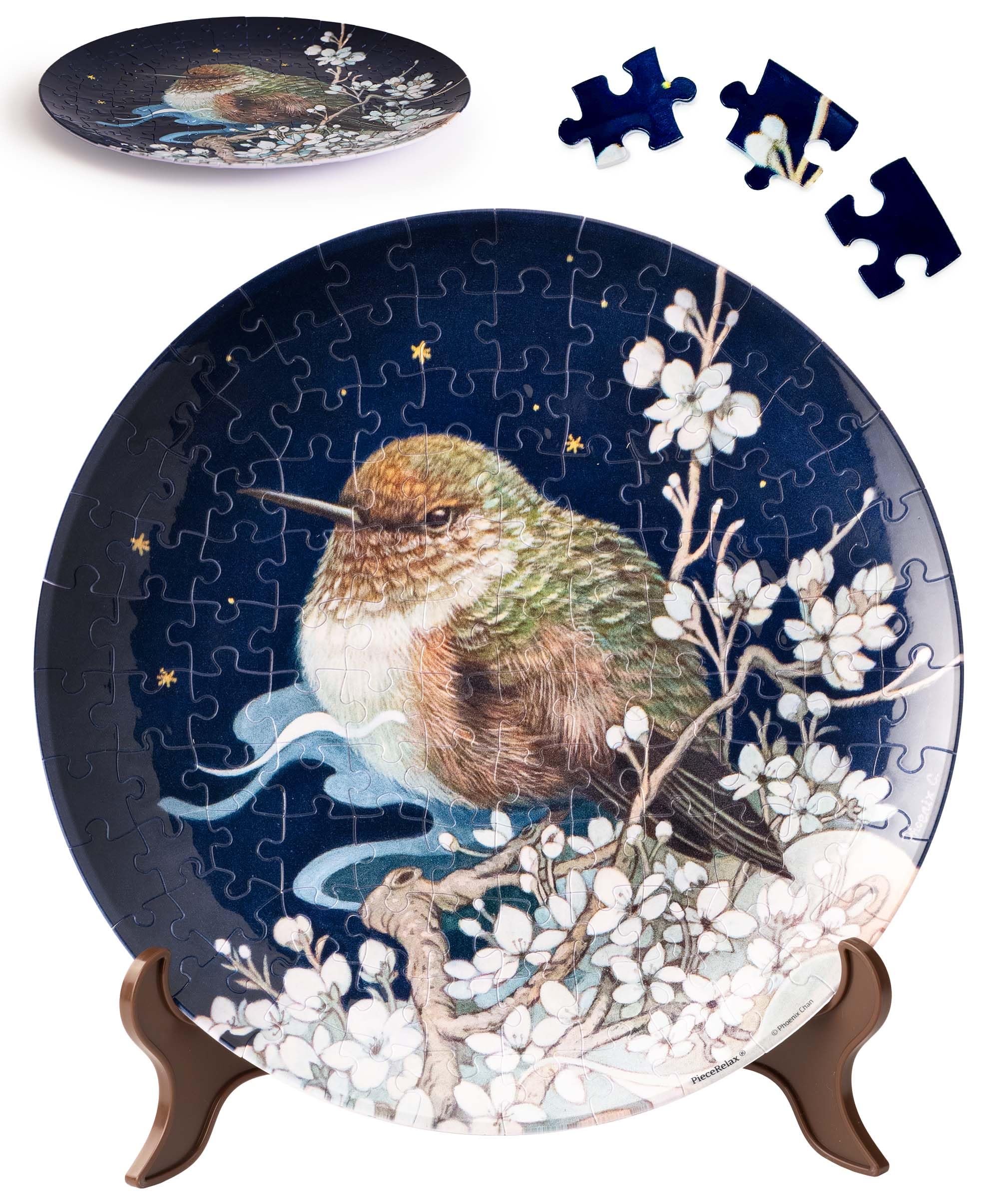 PieceRelax 3D Puzzle Plate 124 Pieces - Phoenix Chan - Bird on Plum Branch - Jigsaw Puzzle for Adults, Decorative Plate with Durable Plastic Pieces,