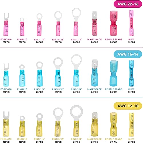 Miniatura 2 de HKS Kit de conectores de cable termorretráctil, 520 unidades, 12-10, 16-14, 22-16 AWG, cobre rojo estañado, terminal de empalme a tope de horquilla