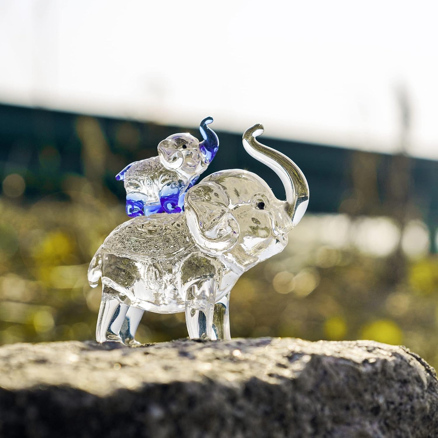 Crystal Elephant Figurines Mother Son Glass Elephants with Trunk Up Tabletop Decoration Gifts for Mum Women (3.1 * 3.3inches)