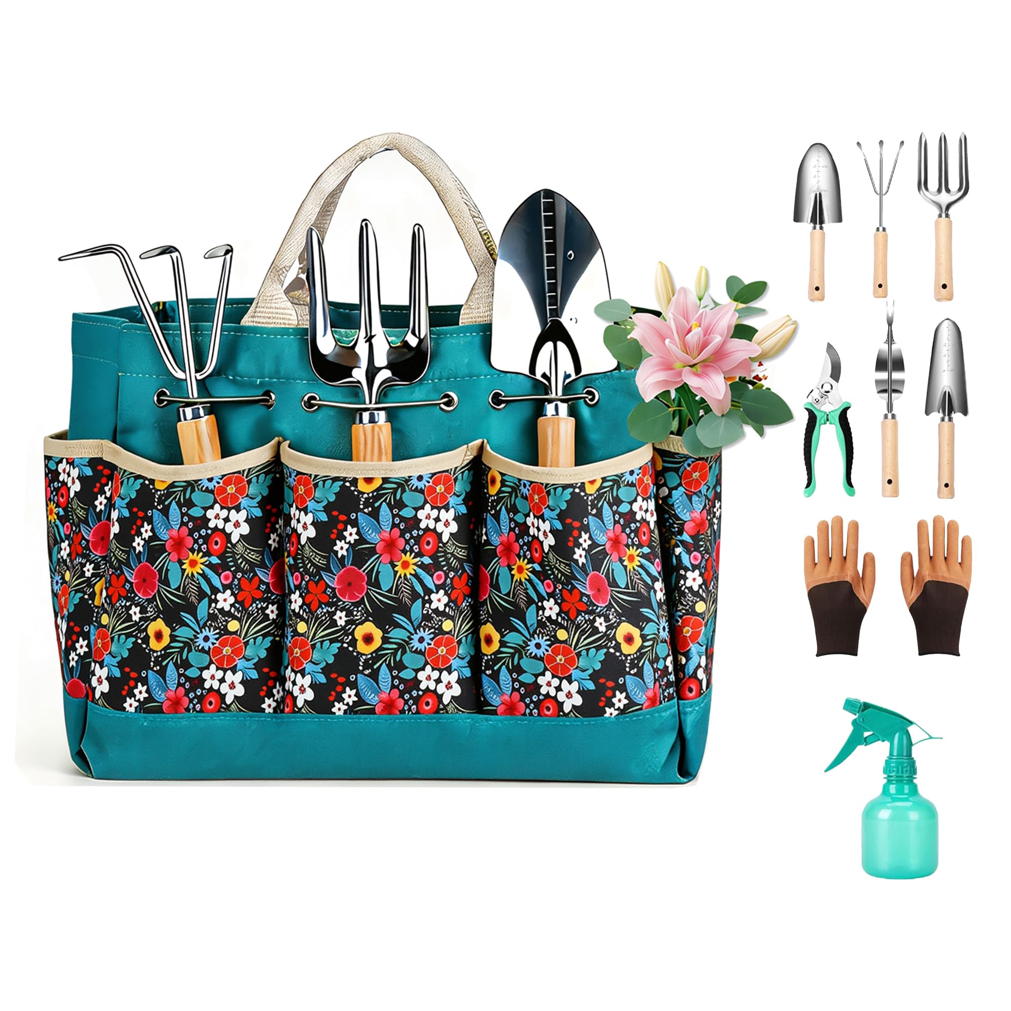 Gartenwerkzeug-Set, 9-teilig, robustes Edelstahl-Handwerkzeug, Türkis, Gartenwerkzeugtaschen-Set, Gartenbedarf, Geschenke für Frauen, Männer, Mutter, Vater, Gärtner, Anfänger