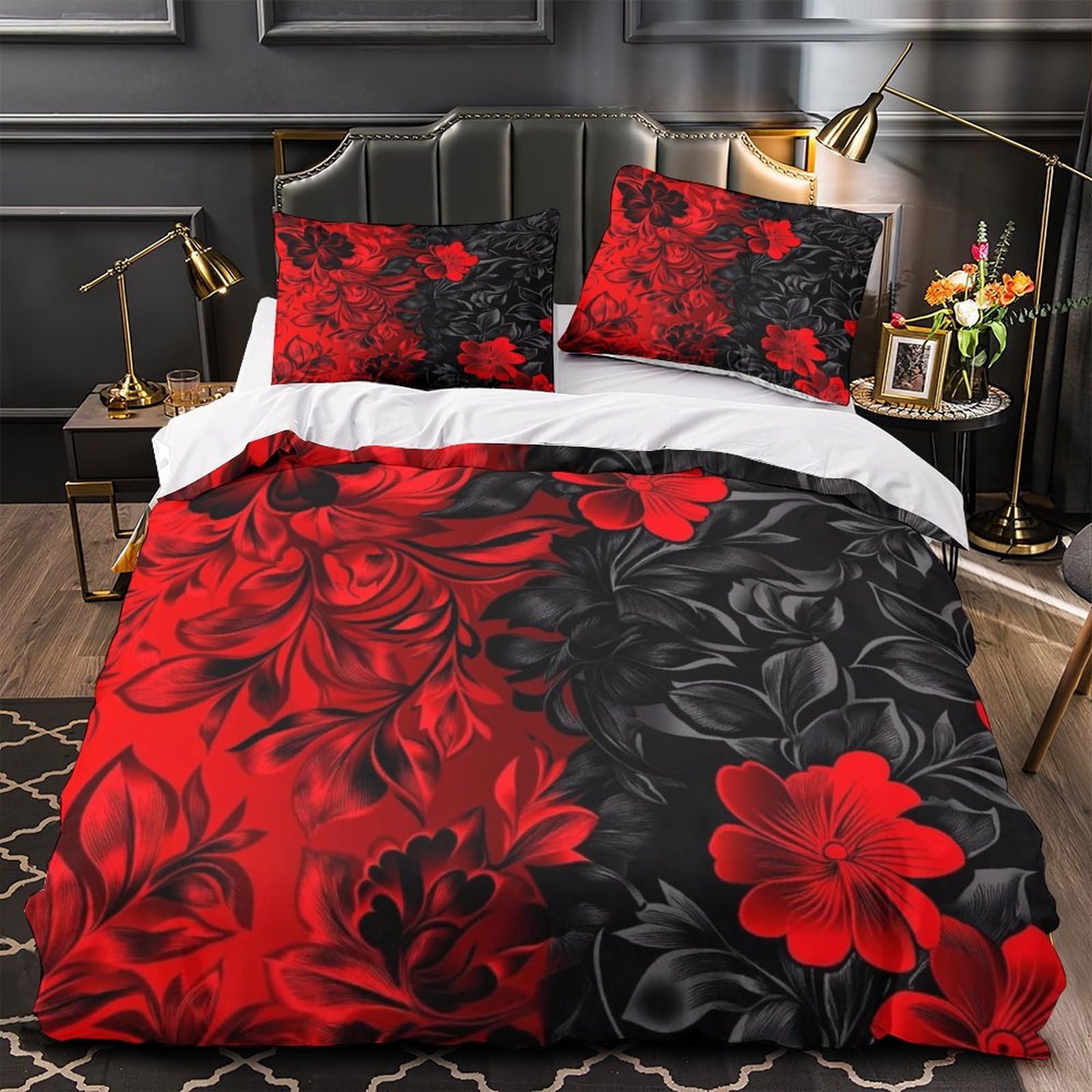 RedFloralPattern Comforter Cover 3D Print Breathable 3PCs Bed Linen Hidden Zipper VibrantArtisticDesign Duvet Cover Ultra Soft Durable for Teens Youth Adults Women Kids Boys Girls Single（140x200cm）