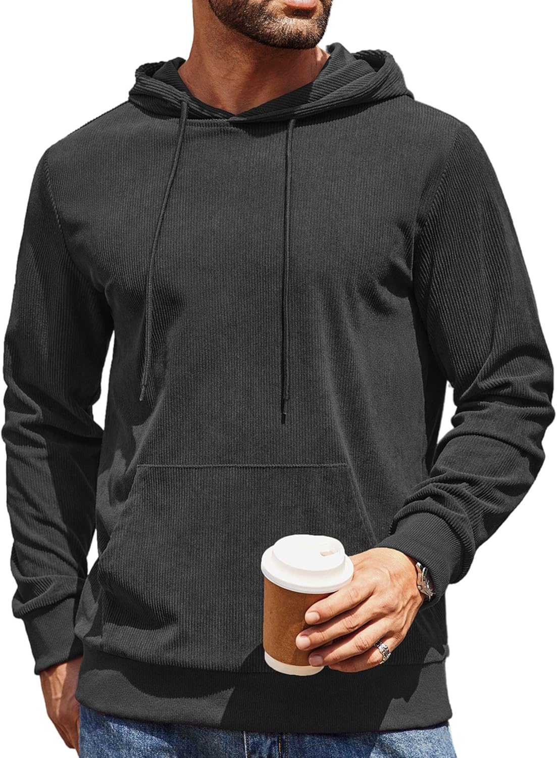 COOFANDY Mens Hooded Sweatshirt Long Sleeve Casual Corduroy Drawstring Pullover Hoodies with Pocket