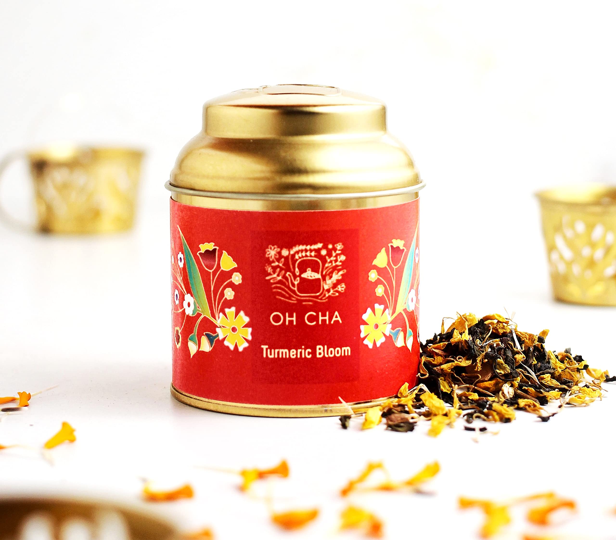 OH CHA - Turmeric Green Tea | 100% Whole Green Tea Leaves with Marigold, Black Pepper & Lemon peels | Golden Milk |Can use as Turmeric Latte | For Immunity, Inflammation | 35g Tin Caddy