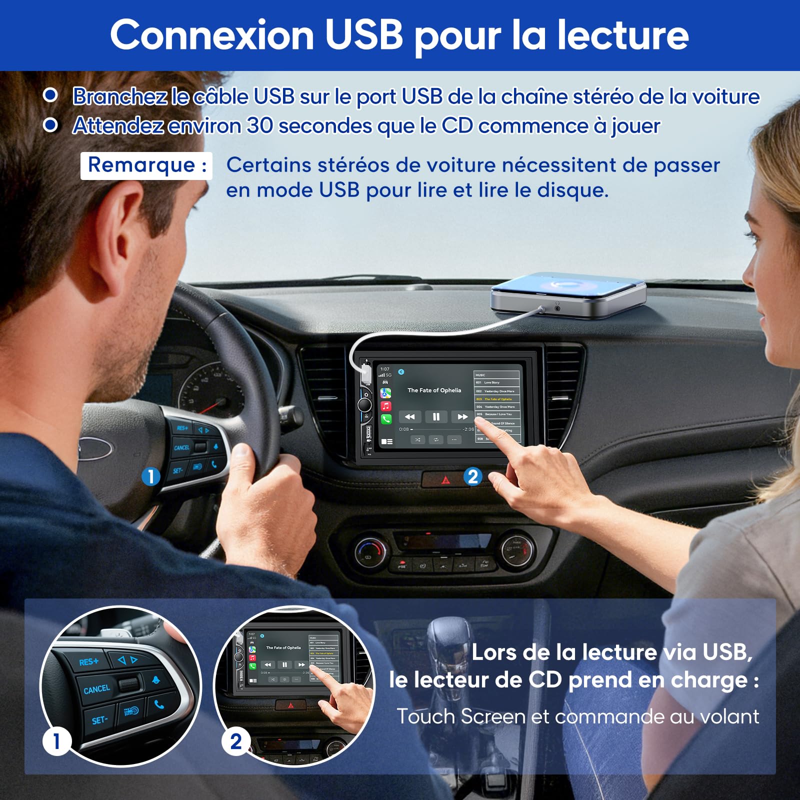 Lecteur CD Voiture USB CENXINY Externe Universel AUX Adaptateur USB-C Câble 1,5 m